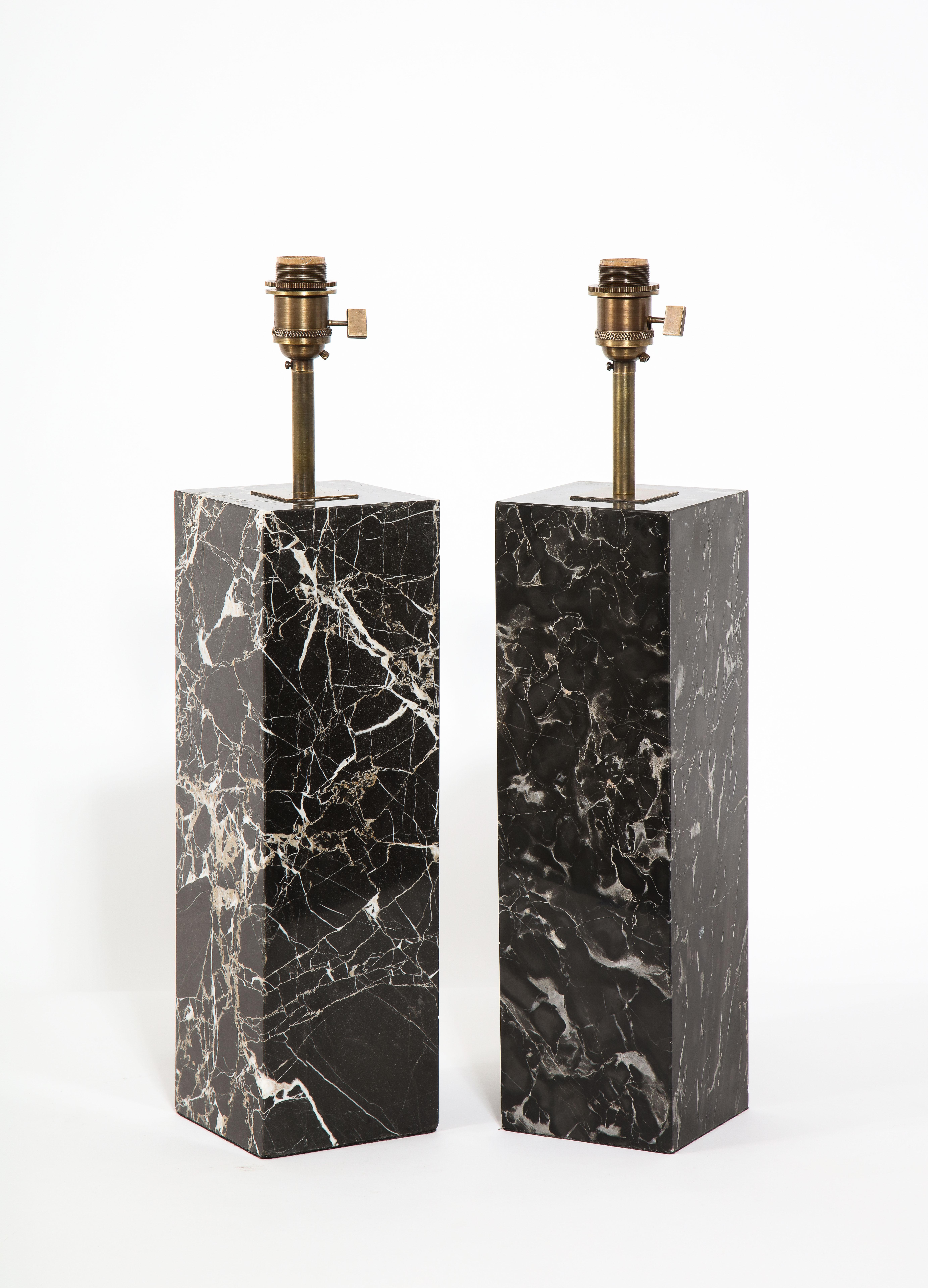 American Pair of Large Hansen Modernist  Black Marble Table Lamps, USA 1960's