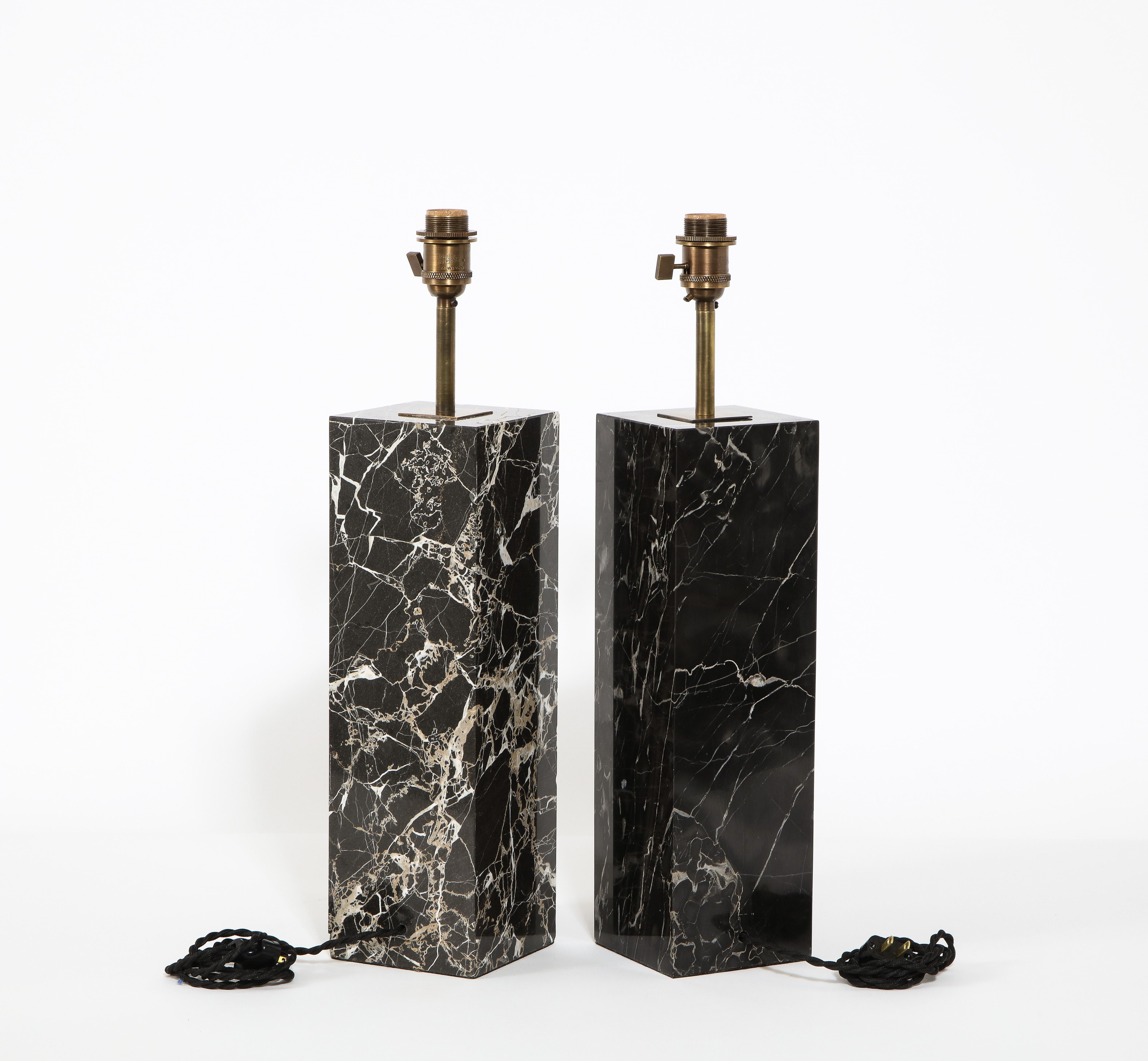 Brass Pair of Large Hansen Modernist  Black Marble Table Lamps, USA 1960's