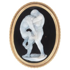 Grande cammeo in pietra dura di Ercole e il Leone di Nemea, anello da uomo del XIX secolo