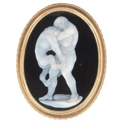 Antique Large Hardstone Cameo of Hercules and the Nemean Lion Men's Ring 19th Century 