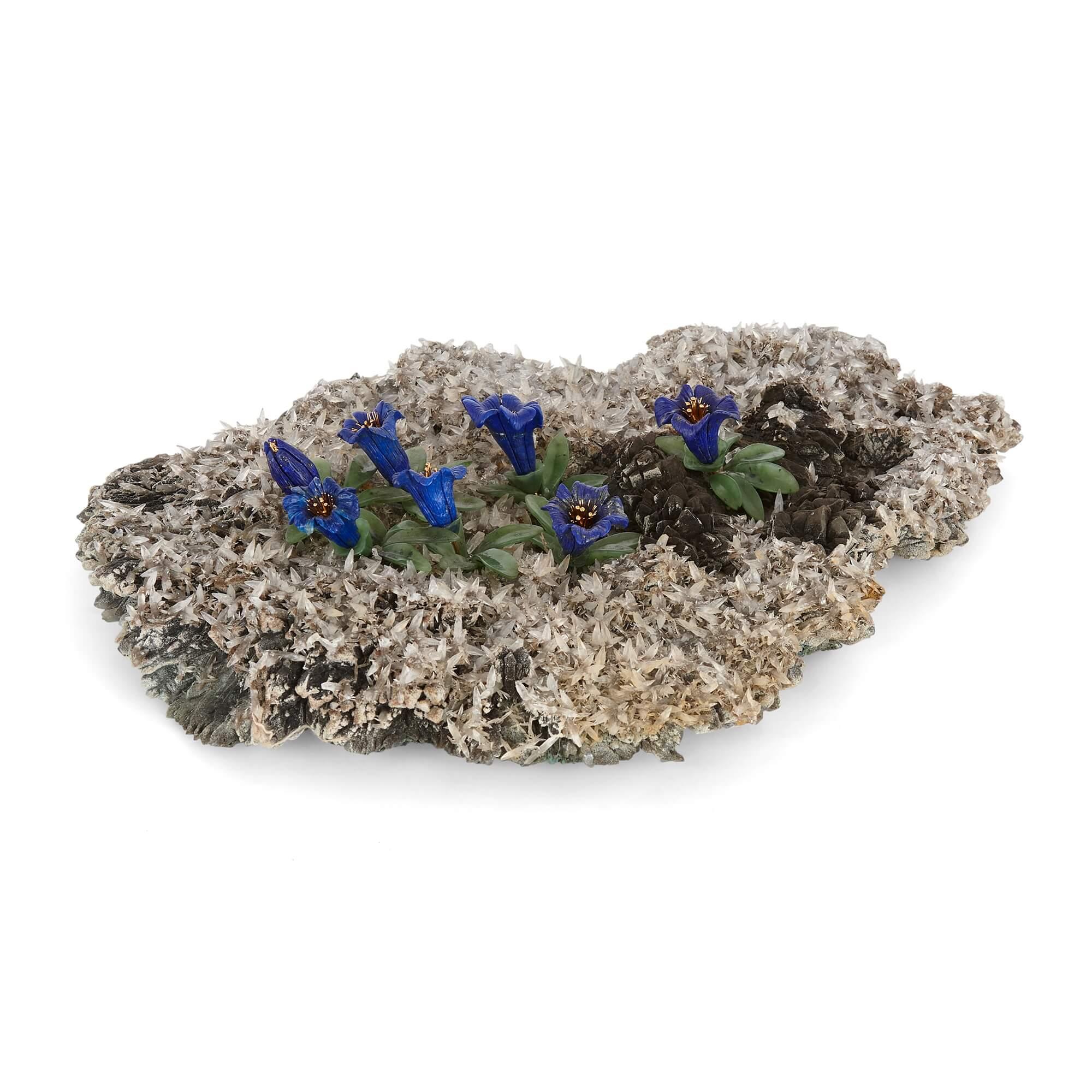 Large hardstone, quartz, gold, nephrite and lapis lazuli model of an alpine flower bed
Continental, 20th Century
Measures: Height 7cm, width 37cm, depth 27cm

A beautiful objet d'art, this exceptionally fine flower bed model is a 20th century