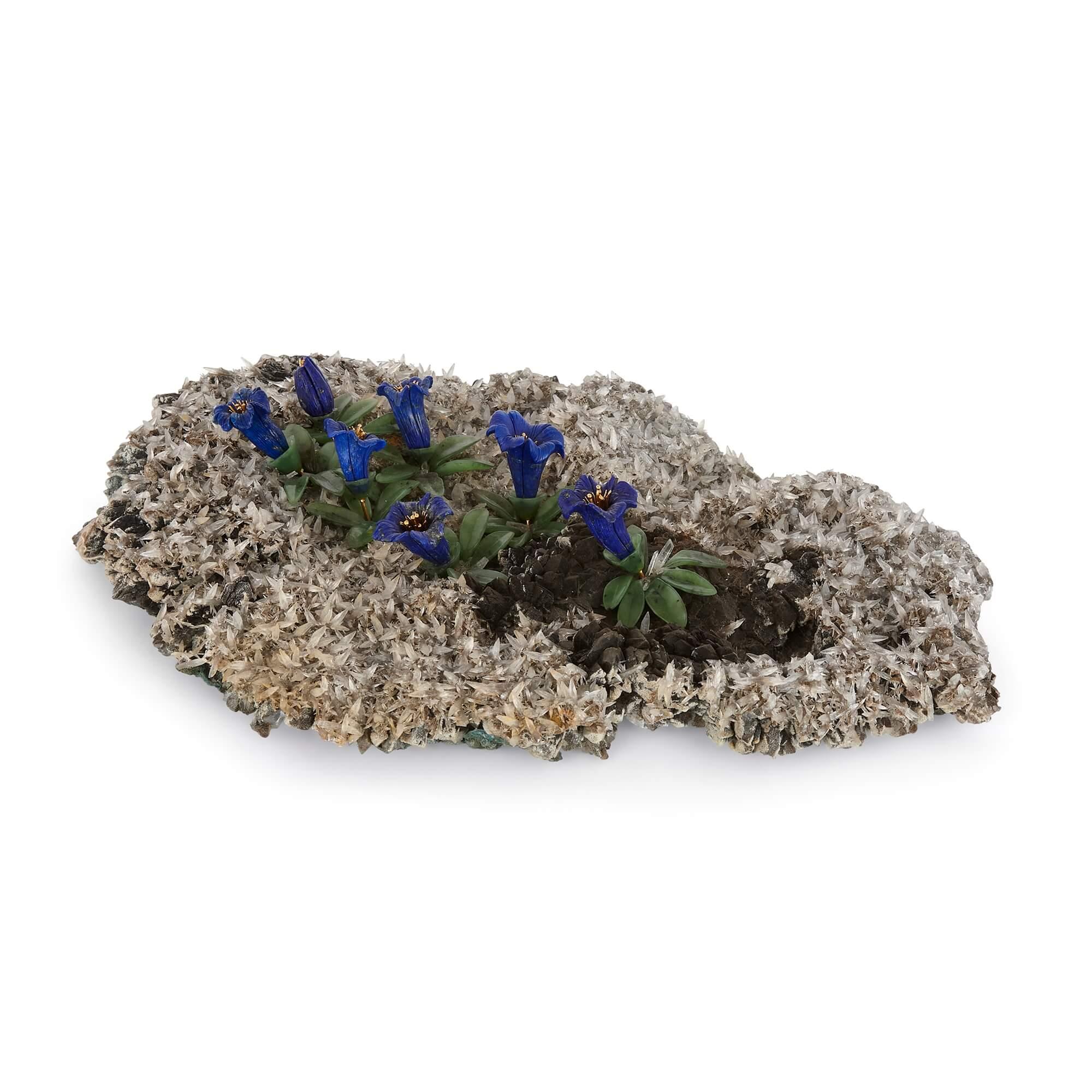 Modern Large Hardstone, Quartz, Gold, and Lapis Lazuli Model of an Alpine Flower Bed For Sale
