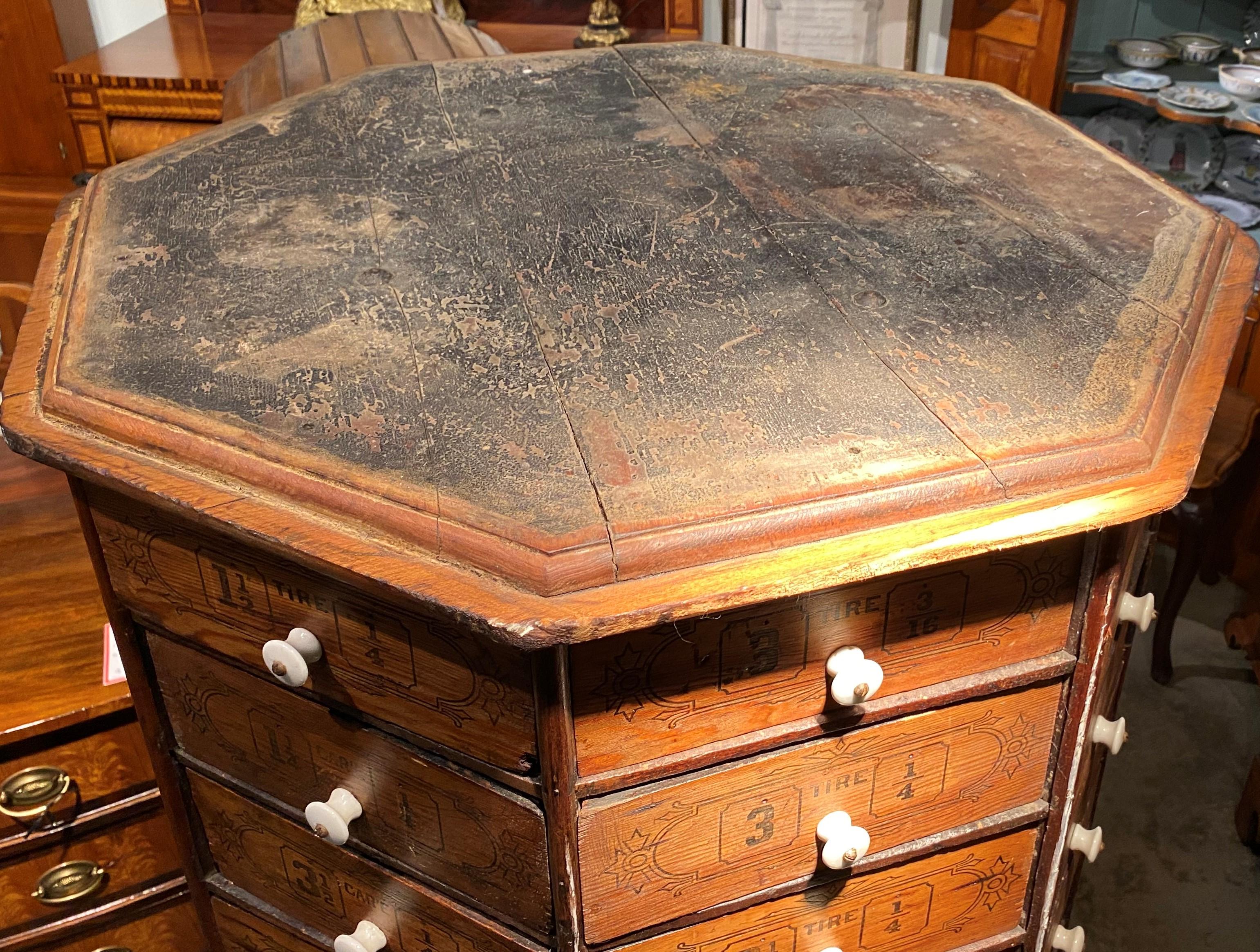 American Large Hardware Store Revolving Multi-Drawer Octagonal Screw and Bolt Cabinet