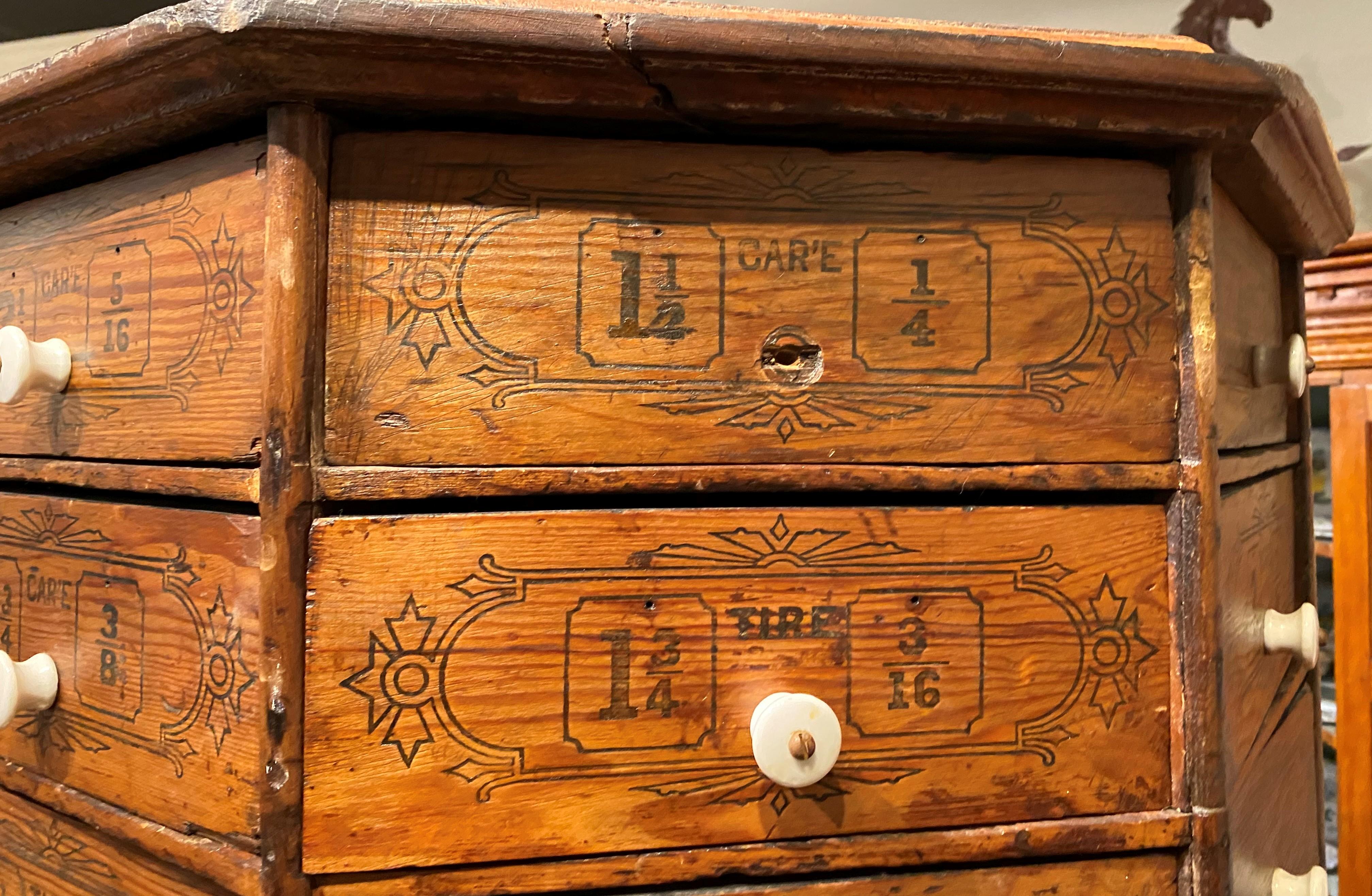 Hand-Crafted Large Hardware Store Revolving Multi-Drawer Octagonal Screw and Bolt Cabinet