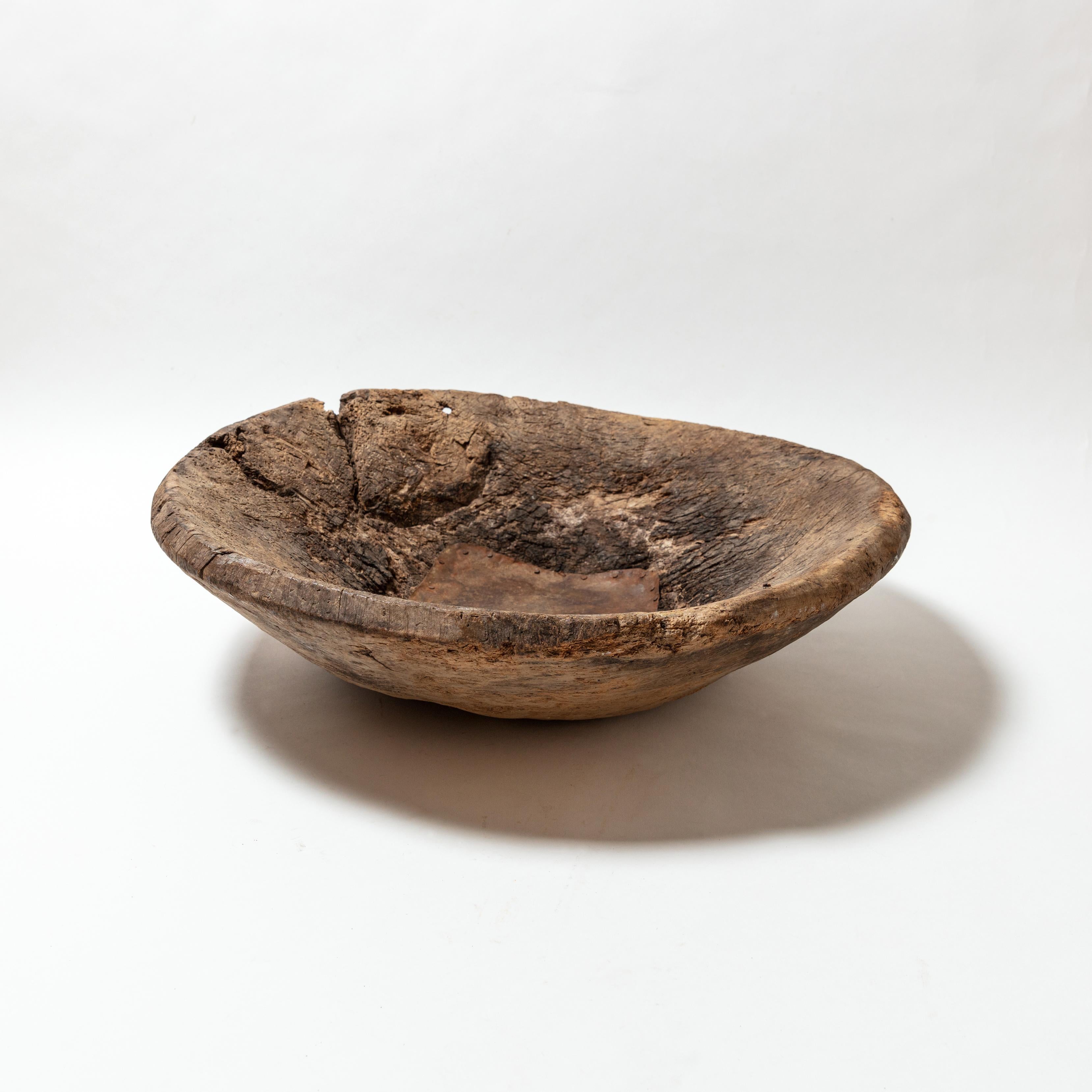 Rustic Large Hardwood Mortar Bowl with Metal Repairs, 19th Century For Sale