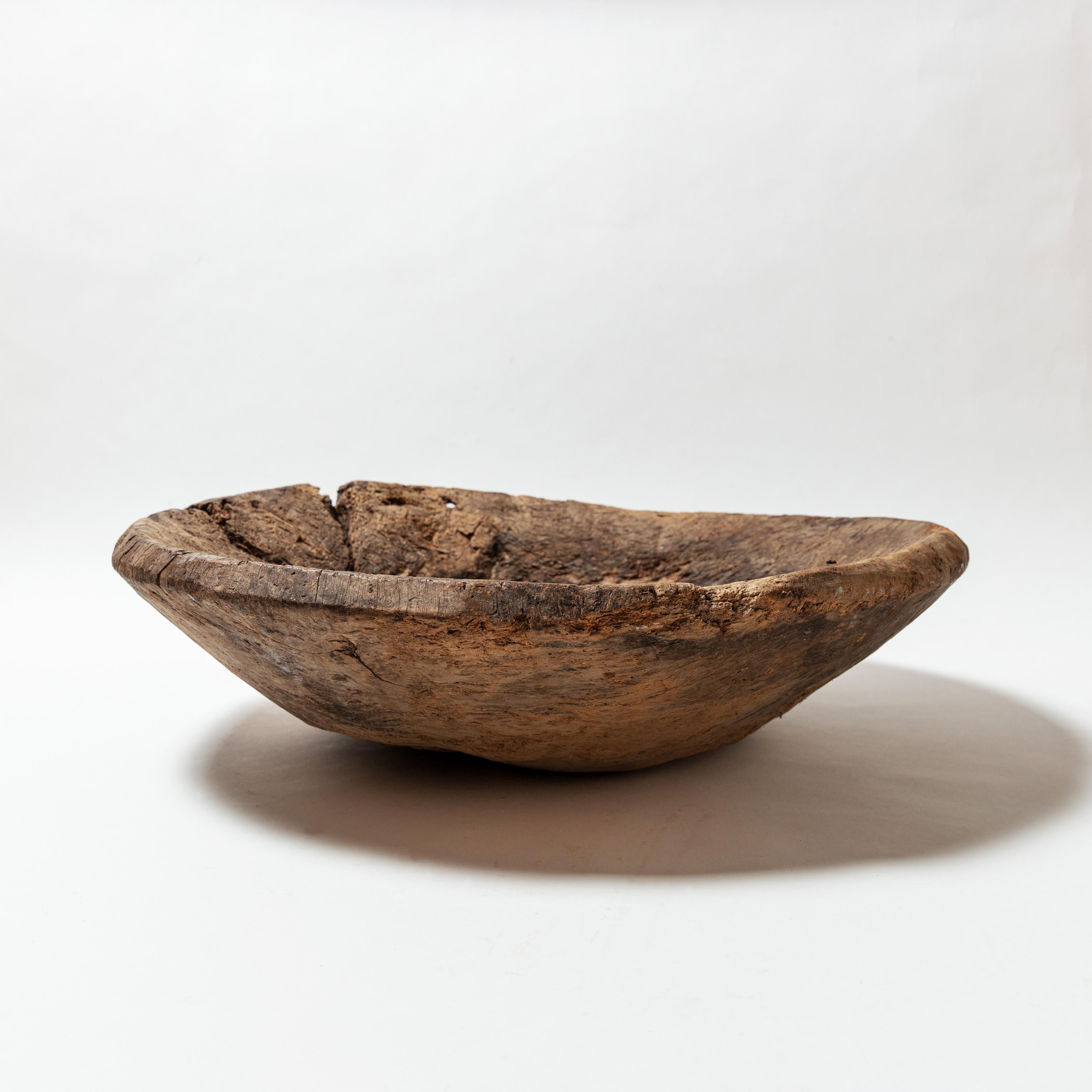 American Large Hardwood Mortar Bowl with Metal Repairs, 19th Century For Sale