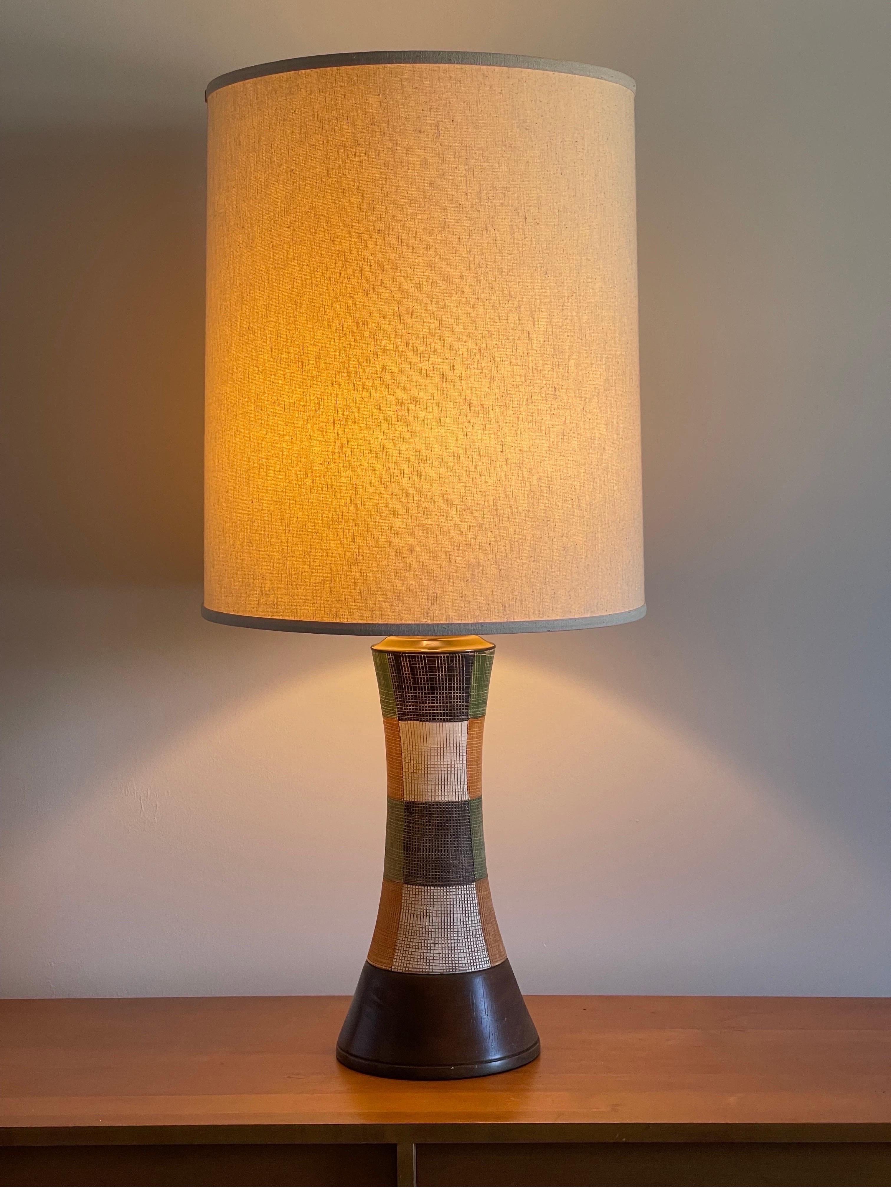 Excellent and large Bistossi 'Seta 'Harlequin Hour Glass Motif lamp. Very rare large size and impressive Piet Mondrain style squares, that mirror quilts and chess boards and many shapes marvelously. 
The base is 18” x 8” 
Shade not included.