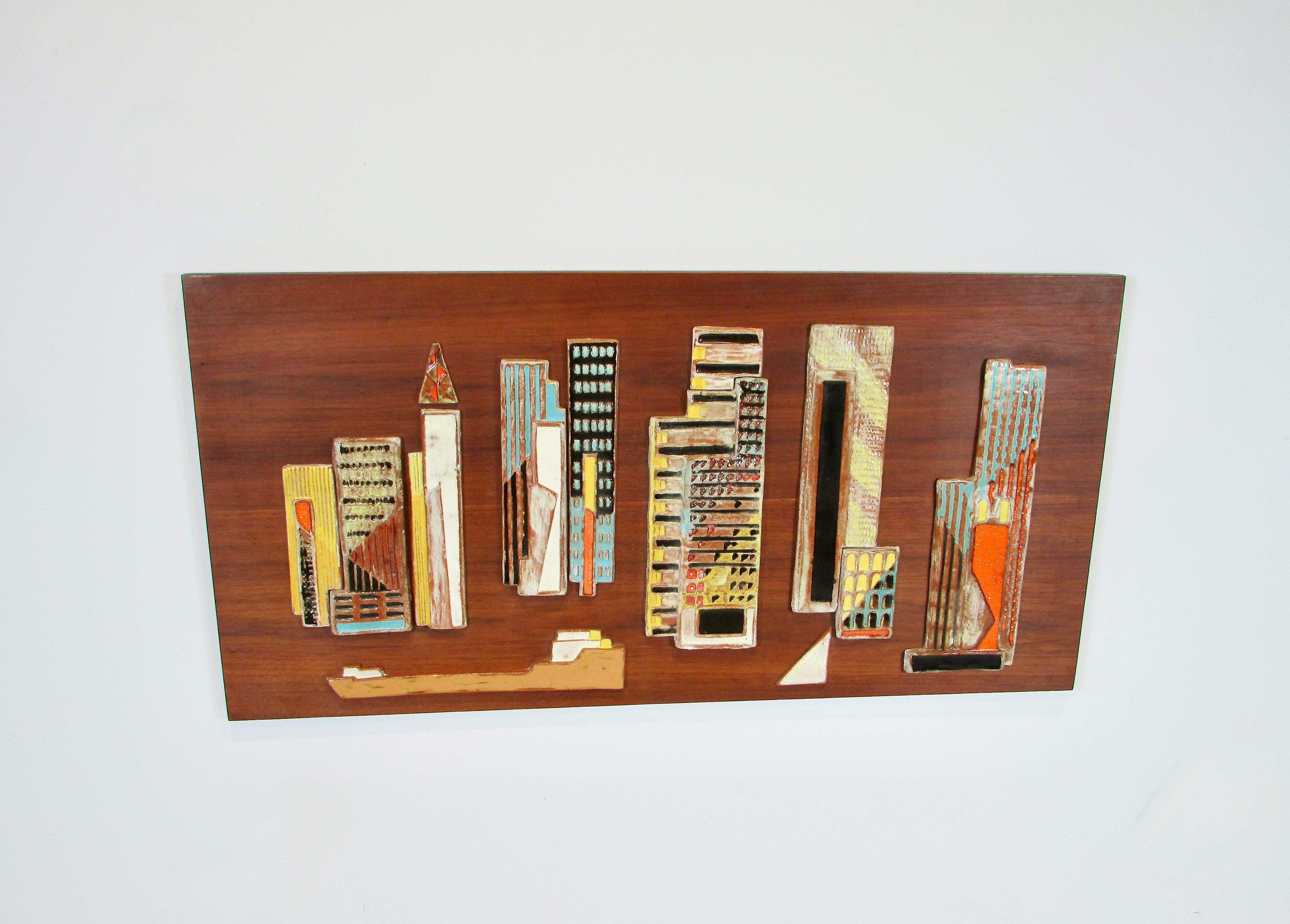Mid-Century Modern Large Harris Strong wall hanging colorful glazed ceramic riverfront city scape  For Sale