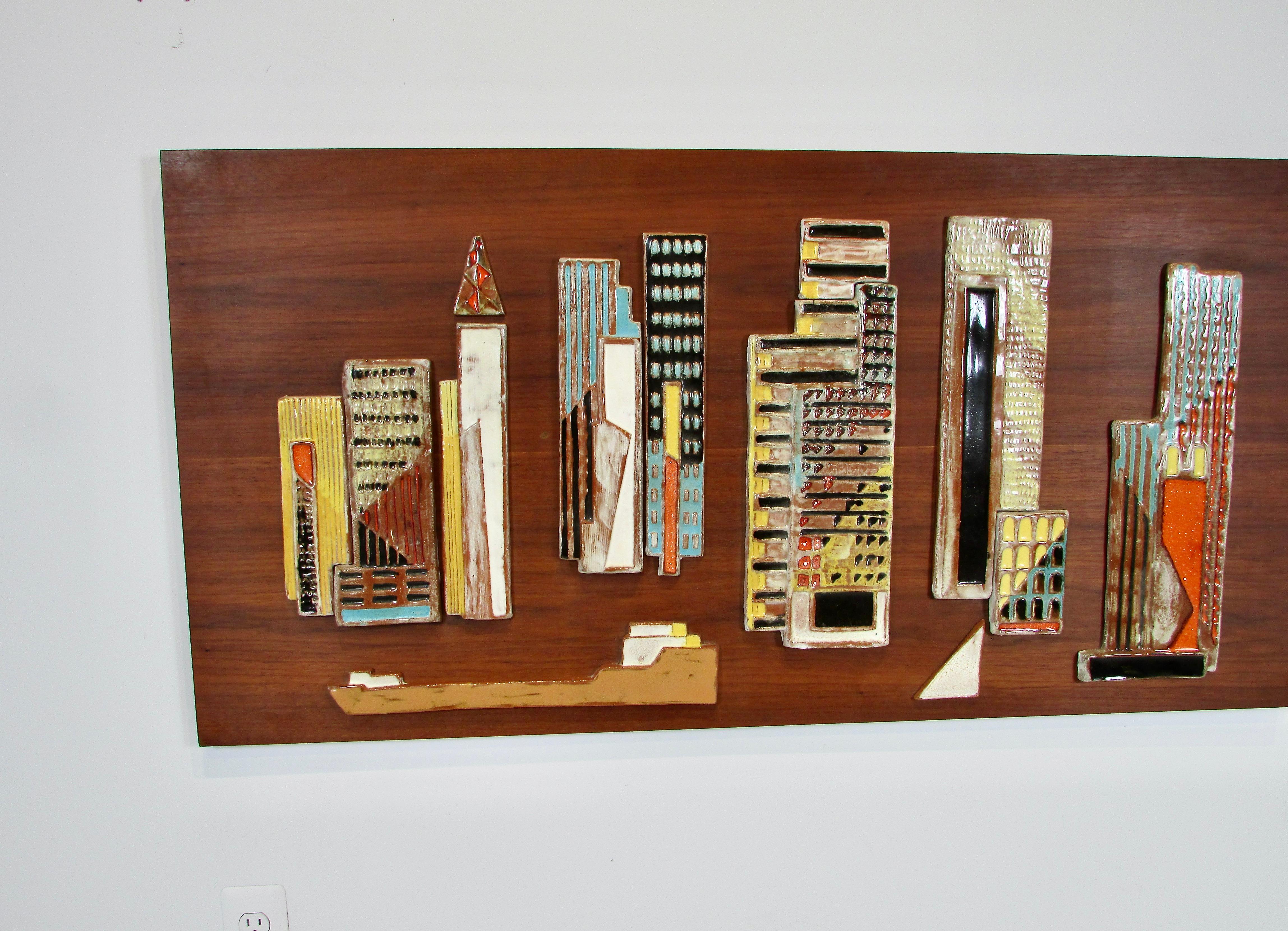 Large Harris Strong wall hanging colorful glazed ceramic riverfront city scape  In Good Condition For Sale In Ferndale, MI