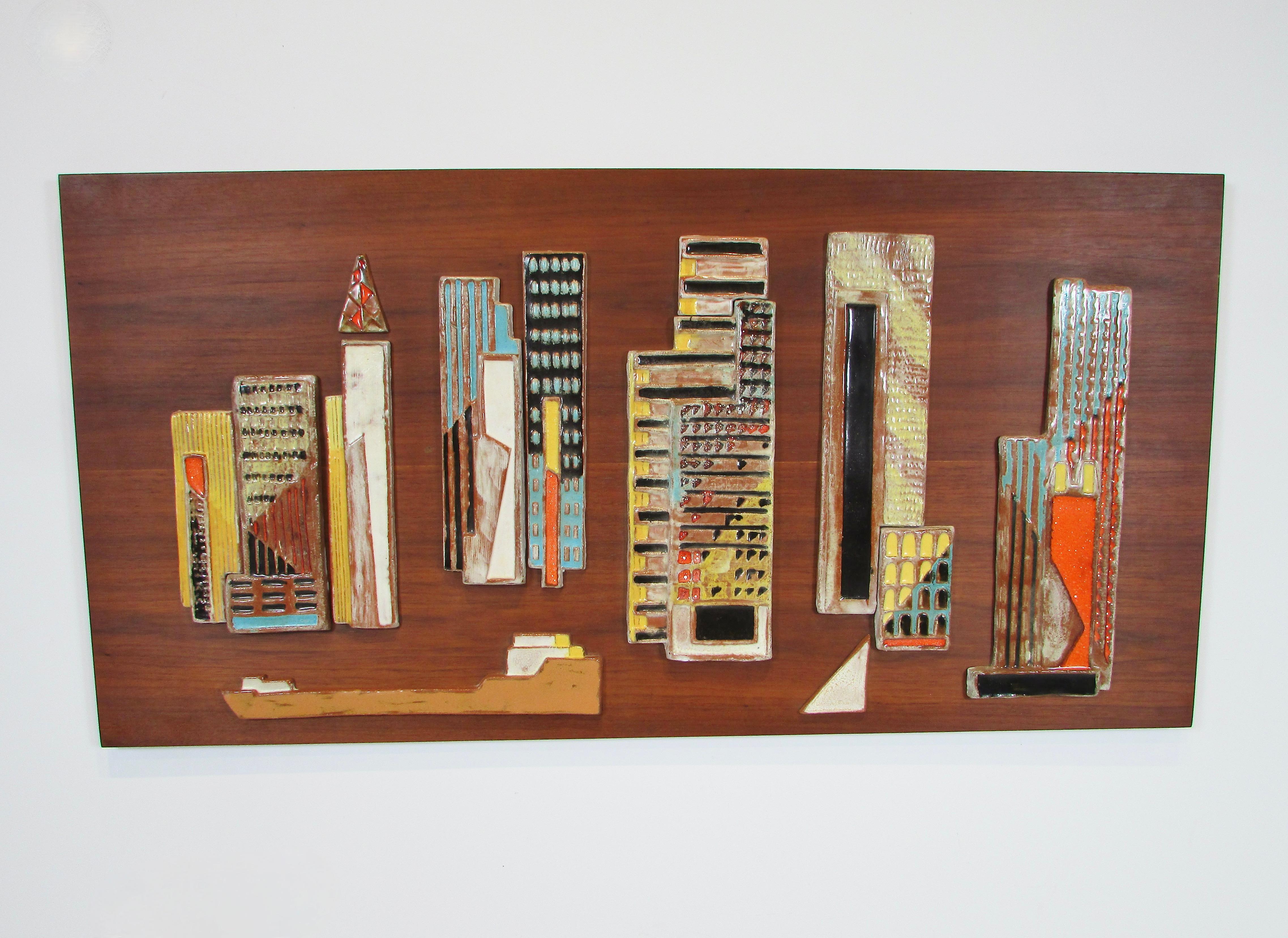 20th Century Large Harris Strong wall hanging colorful glazed ceramic riverfront city scape  For Sale