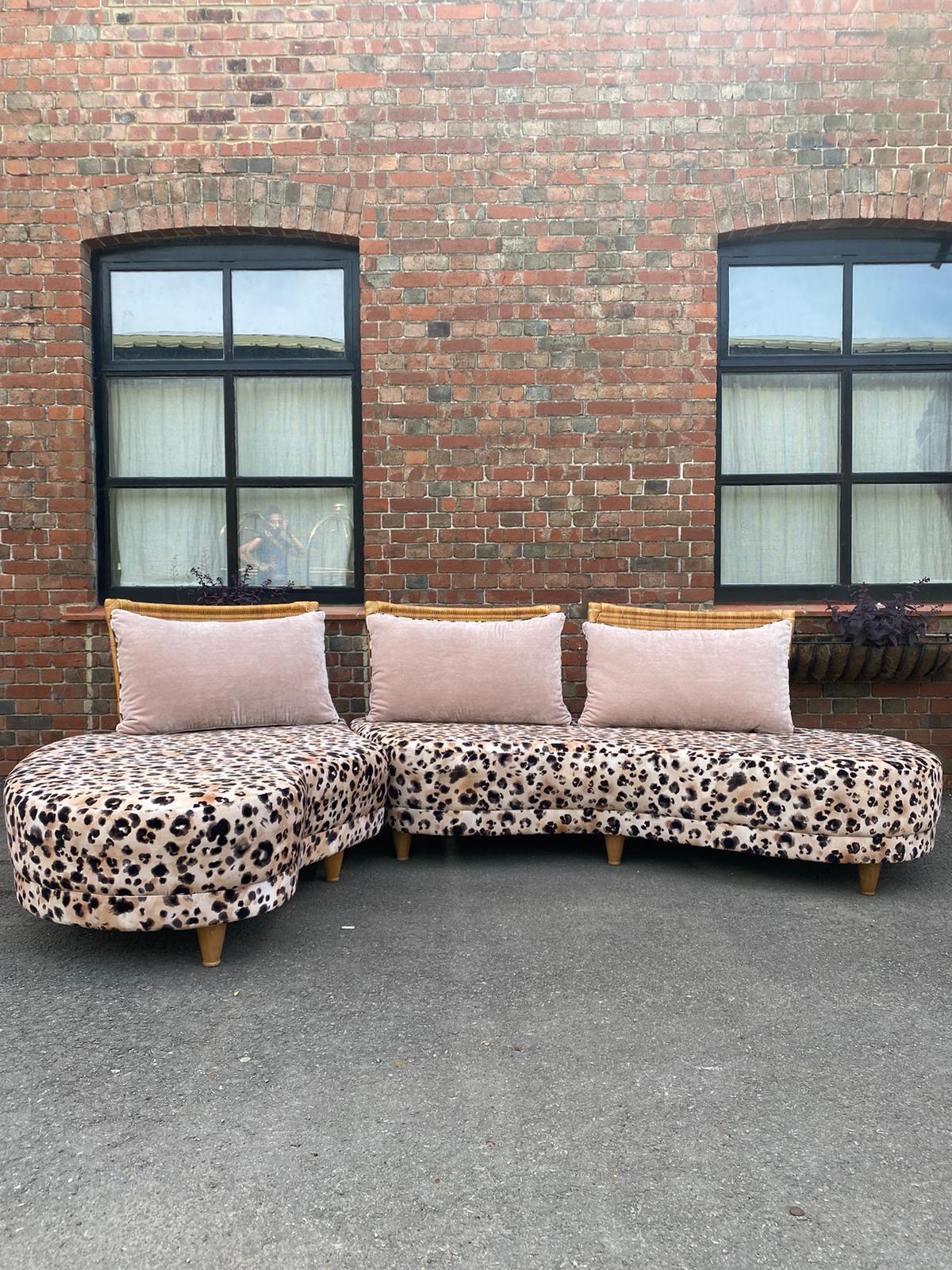 20th Century Large Harrods 1980s leopard print curved sofa 