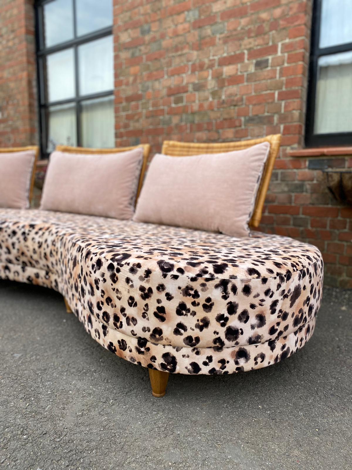 British Colonial Large Harrods 1980s leopard print curved sofa 