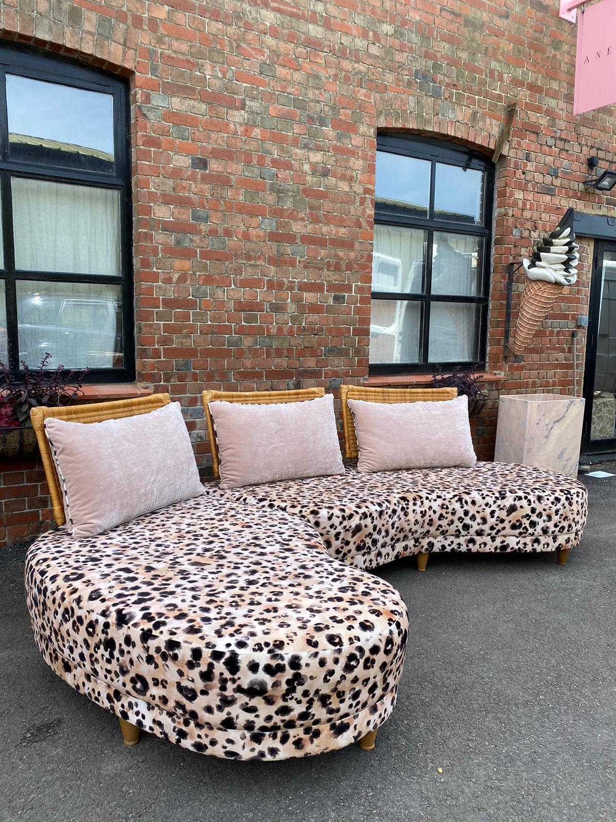 Hand-Woven Large Harrods 1980s leopard print curved sofa 