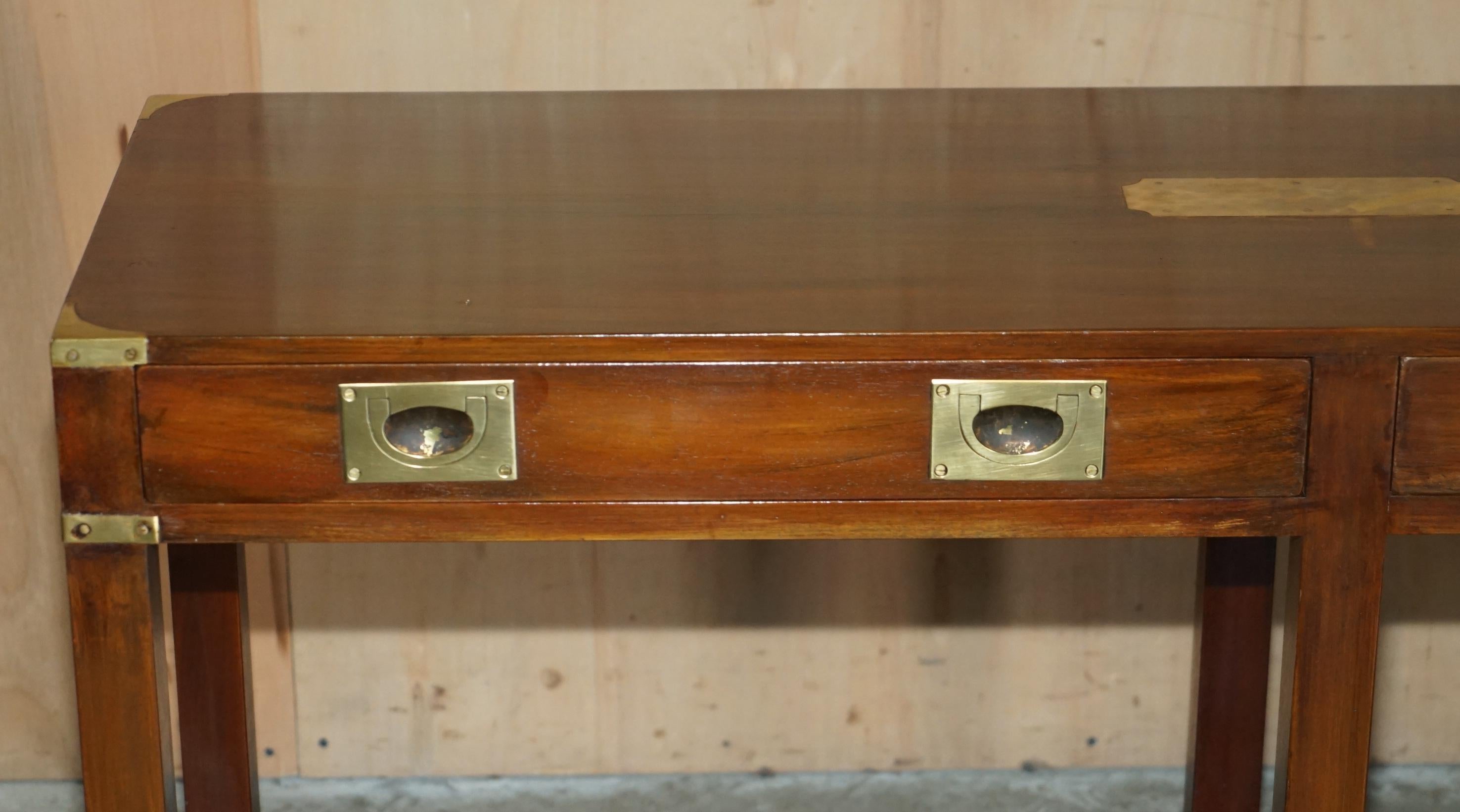 English LARGE HARRODS LONDON REH KENNEDY MiLITARY CAMPAIGN TWO DRAWER CONSOLE TABLE