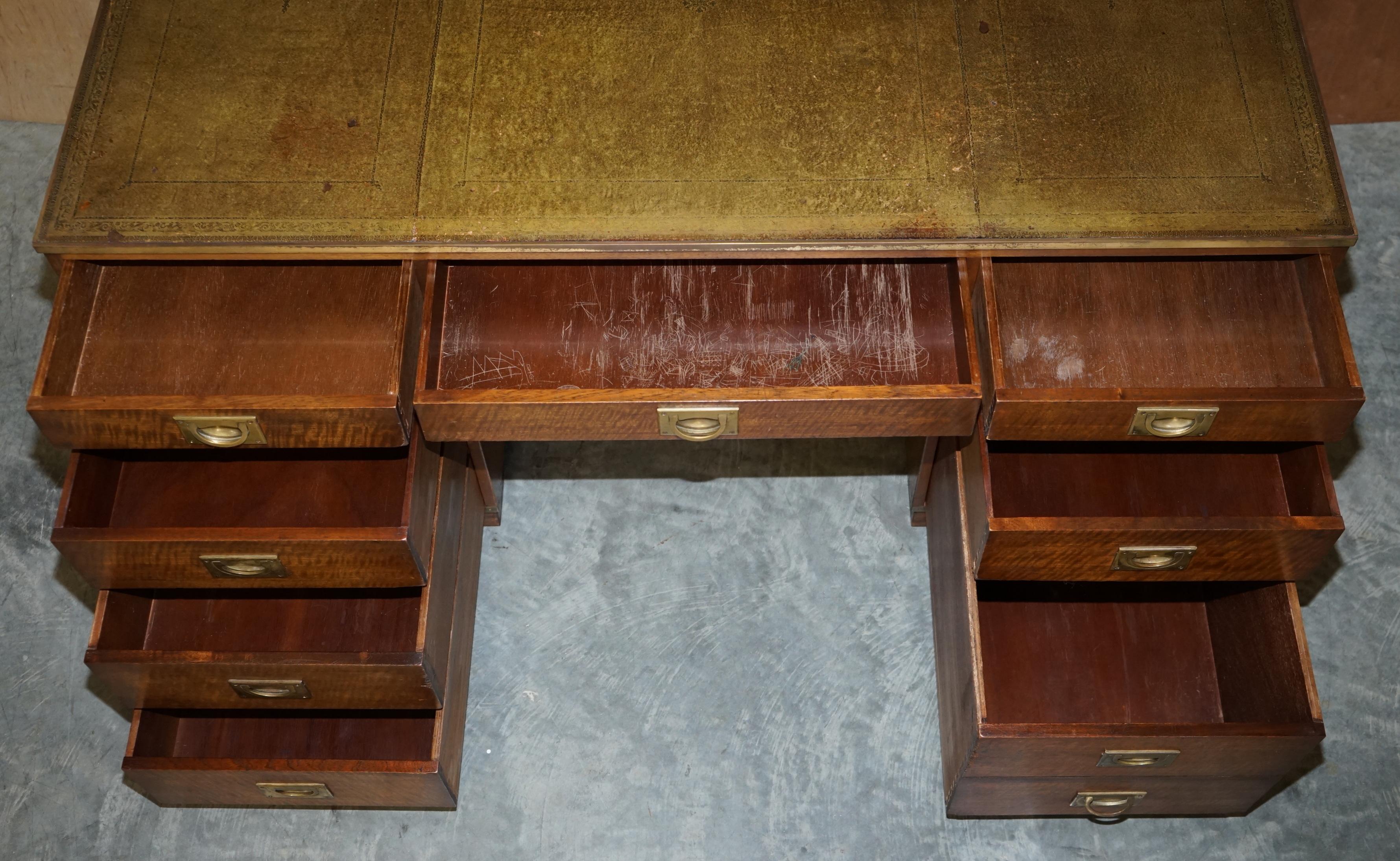 Large Harrods R.E.H Kennedy Military Campaign Twin Pedestal Desk Green Leather 12
