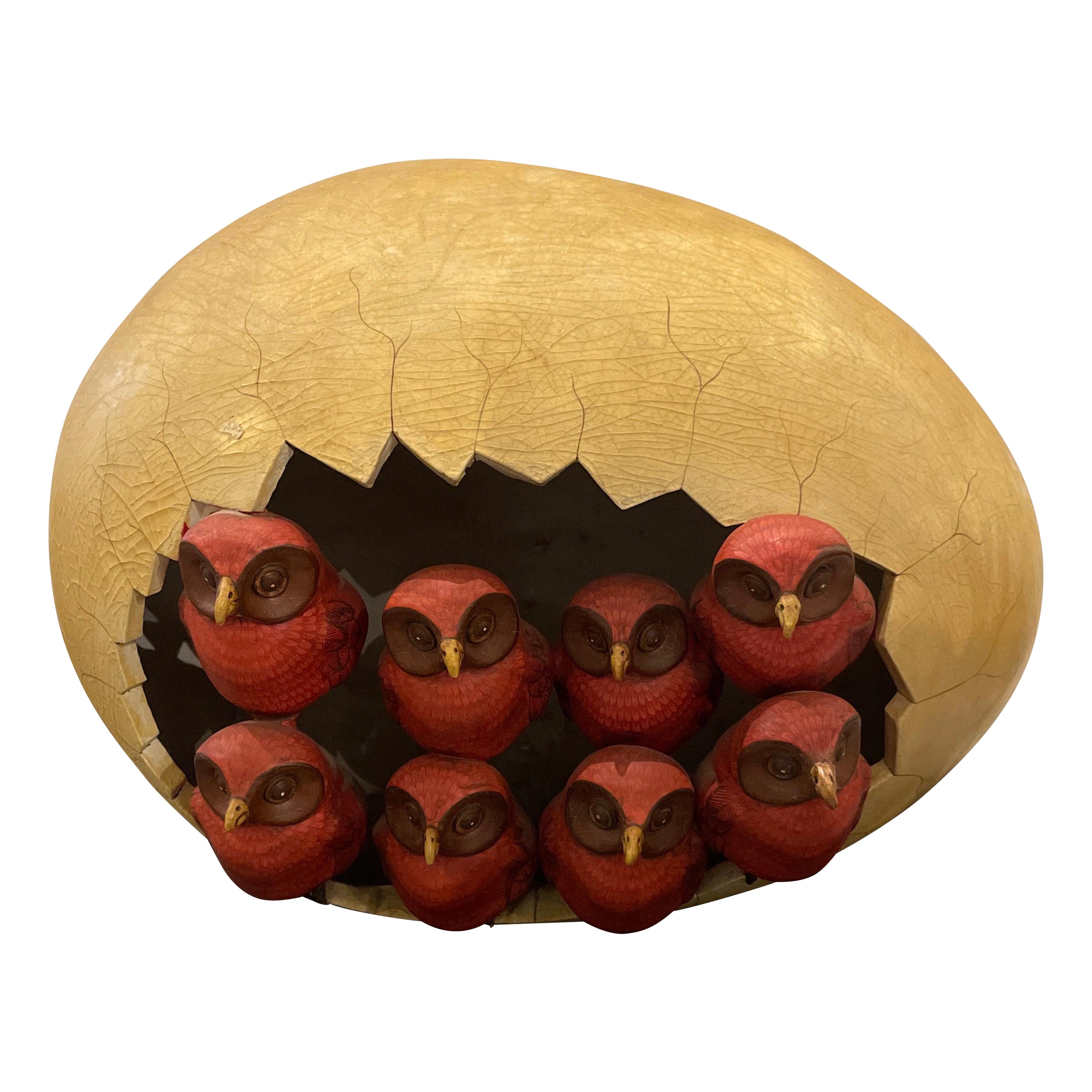 Large Hatching Egg Surrealist Sculpture with Eight Baby Owls by Bustamante For Sale