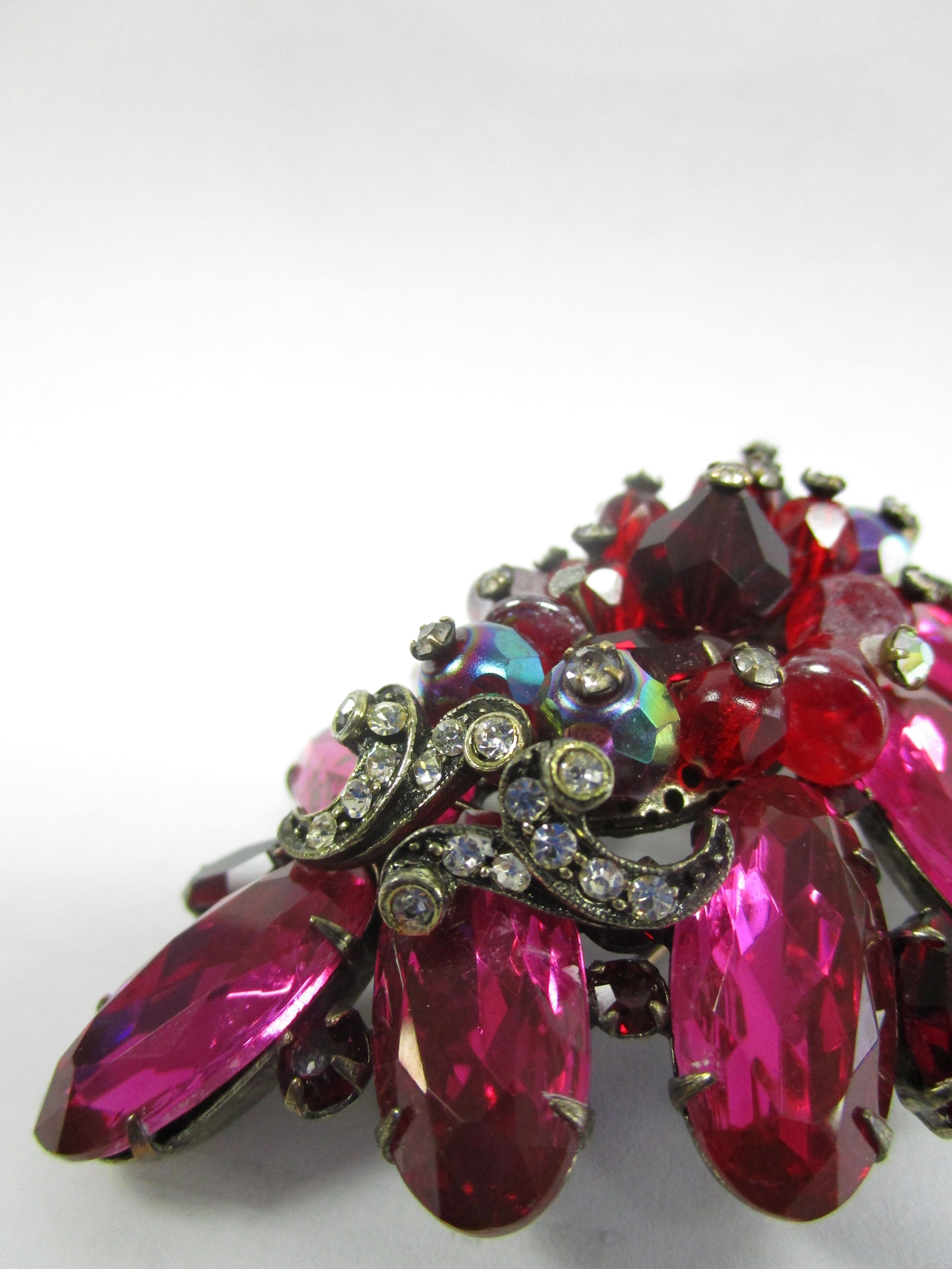 Artisan Large Hattie Carnegie Pink, Red, and Clear Glass and Bead Brooch  For Sale