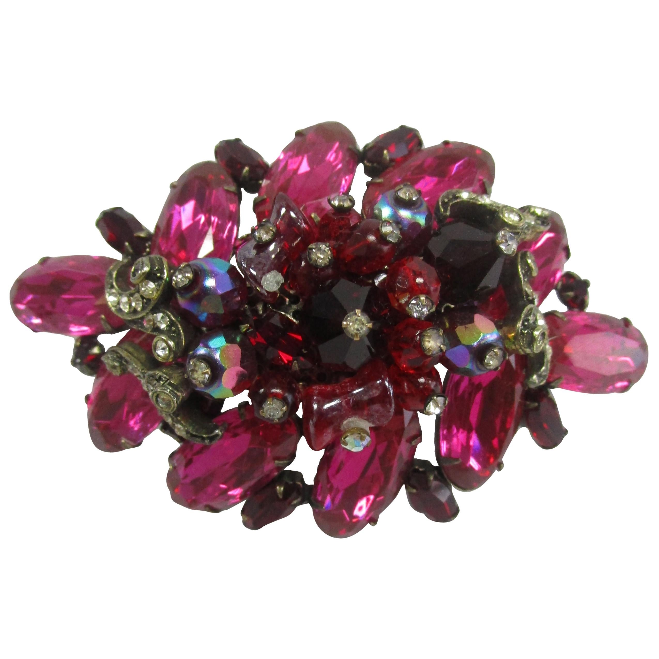Large Hattie Carnegie Pink, Red, and Clear Glass and Bead Brooch  For Sale