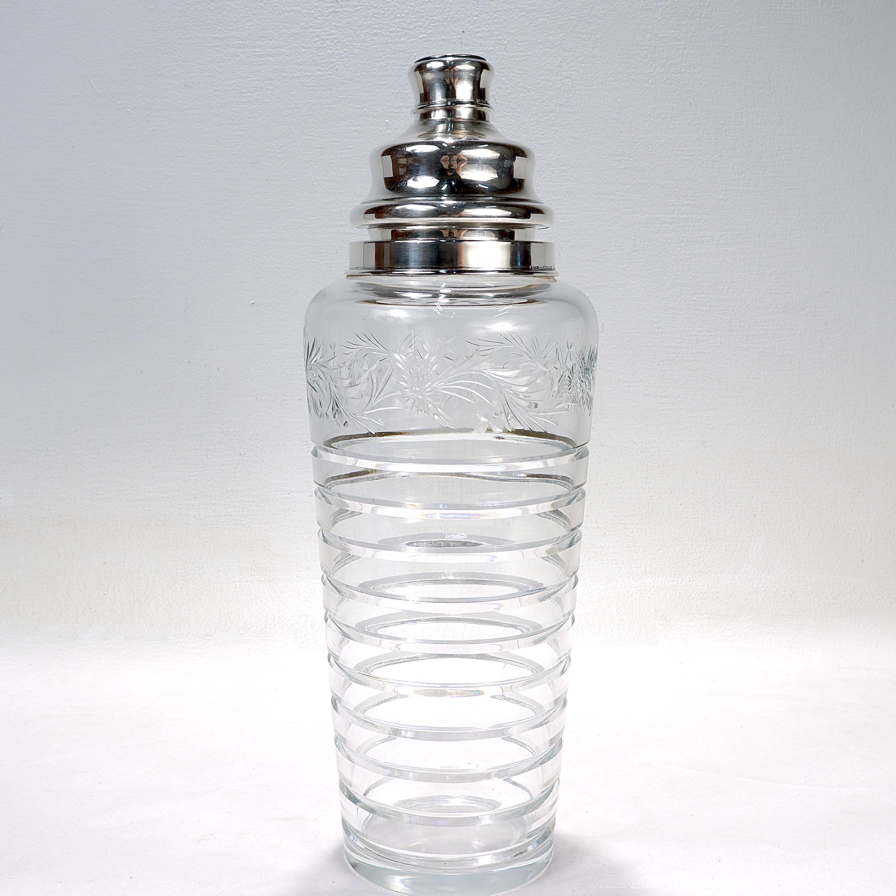 Large Hawkes Art Deco Cut Glass & Sterling Silver Cocktail Shaker In Good Condition In Philadelphia, PA