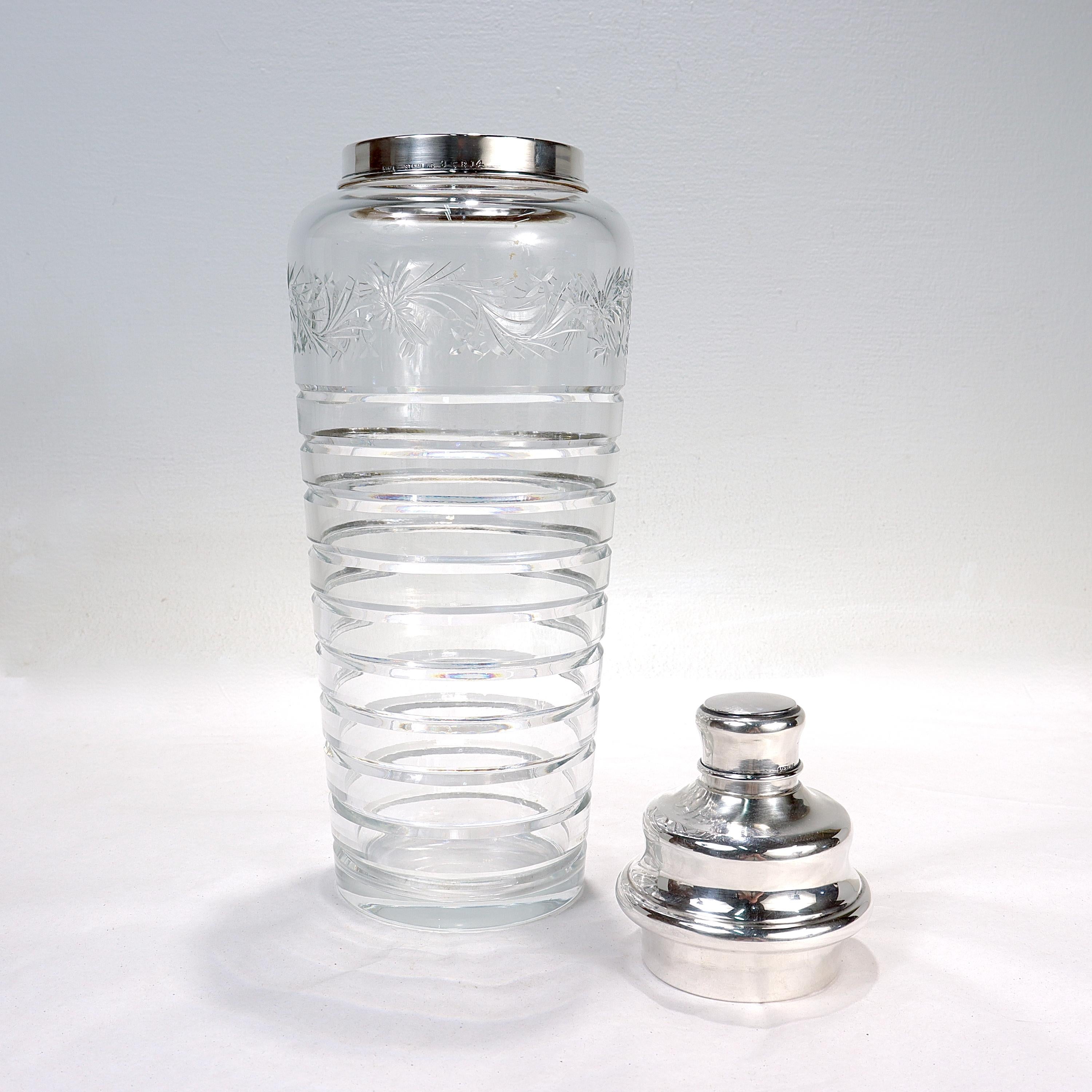 20th Century Large Hawkes Art Deco Cut Glass & Sterling Silver Cocktail Shaker