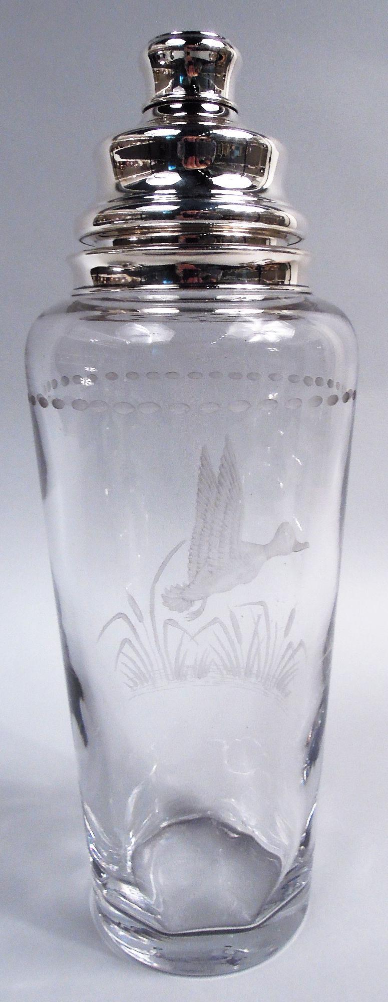 Großer moderner Hawkes-Cocktailshaker aus Sterlingsilber und Glas mit Entenmotiv (Moderne) im Angebot