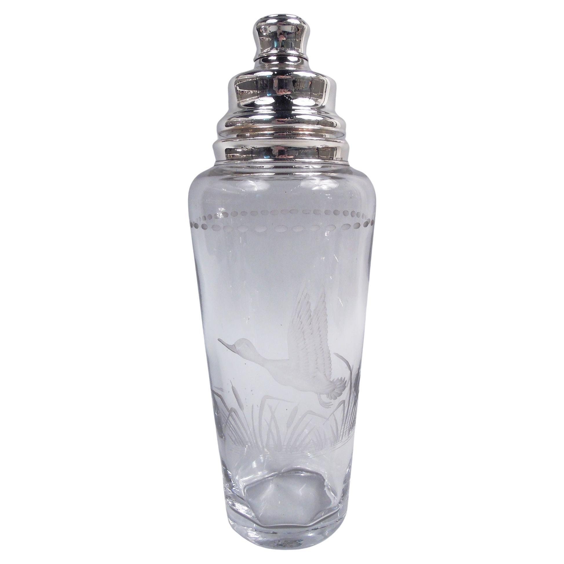 Grande Shaker moderno in argento e vetro con anatra di Hawkes