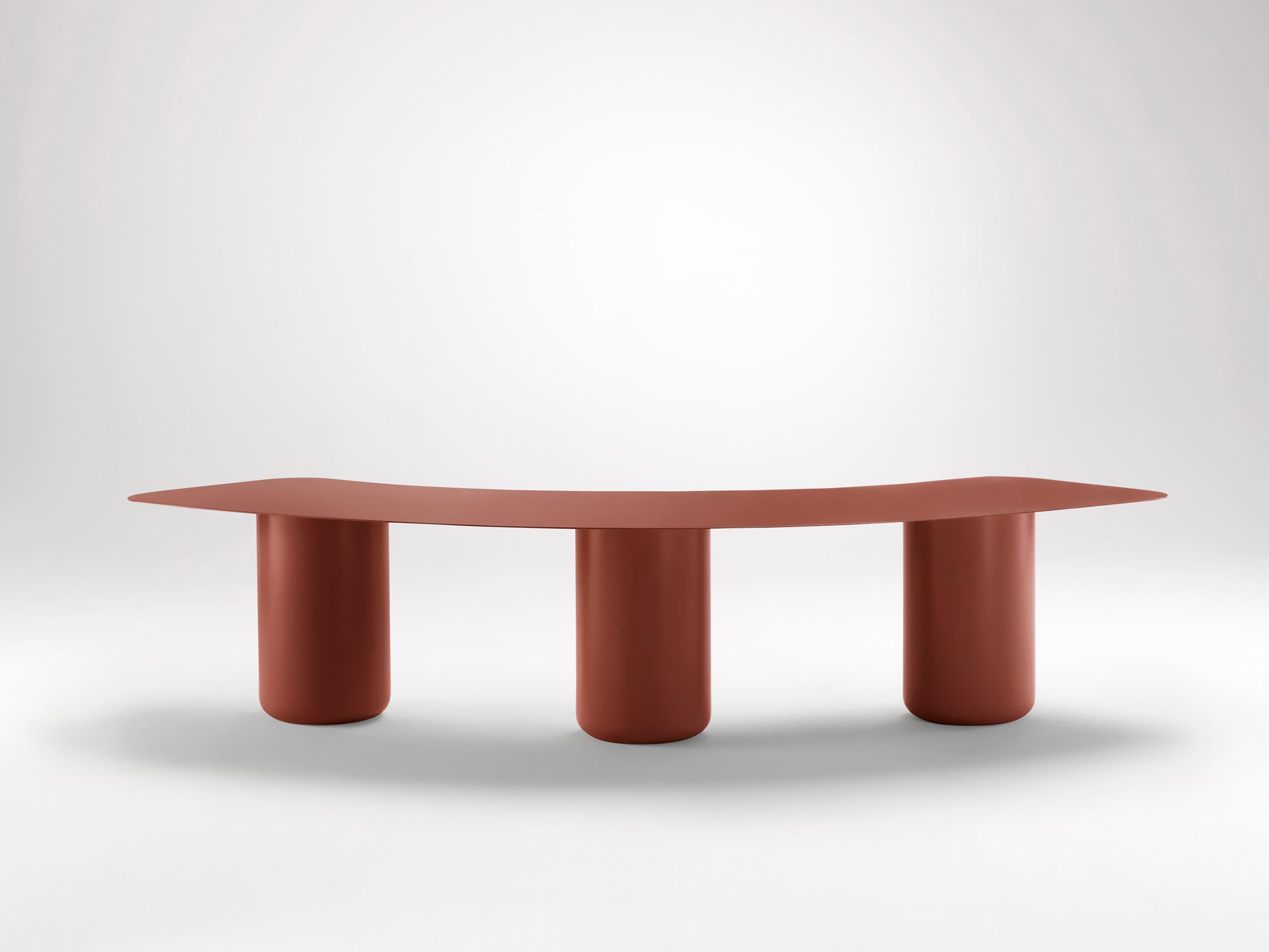 Large Headland Red Curved Bench by Coco Flip
Dimensions: D 75 x W 200 x H 42 cm
Materials: Mild steel, powder-coated with zinc undercoat. 
Weight: 44 kg

Coco Flip is a Melbourne based furniture and lighting design studio, run by us, Kate Stokes and