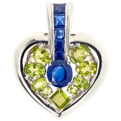 Large Heart 7.50 Carat Sapphires Peridots 18 Carat White Gold Pendant