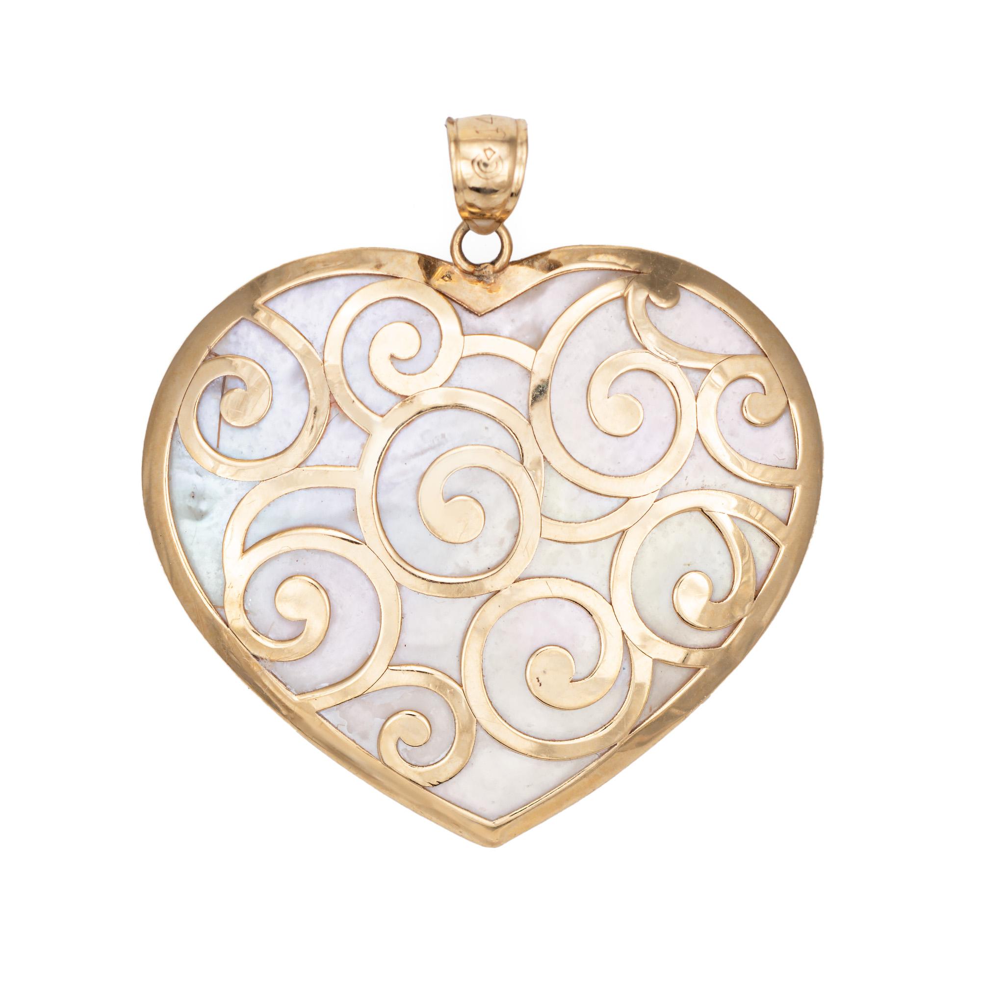 Modern Large Heart Pendant 14k Yellow Gold Mother of Pearl Estate Fine Jewelry For Sale