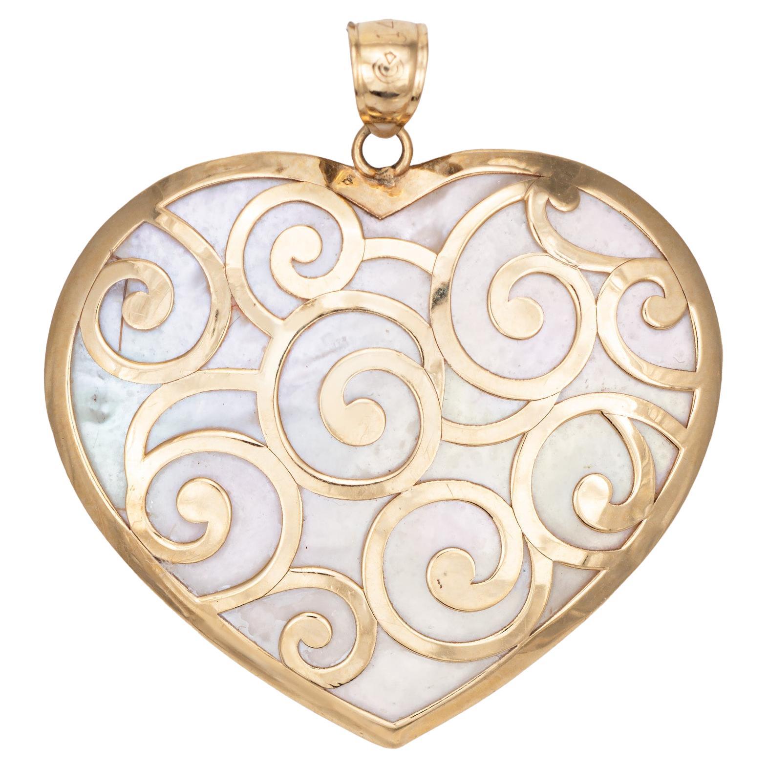 Large Heart Pendant 14k Yellow Gold Mother of Pearl Estate Fine Jewelry