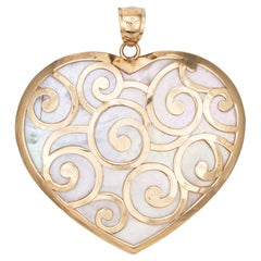 Retro Large Heart Pendant 14k Yellow Gold Mother of Pearl Estate Fine Jewelry