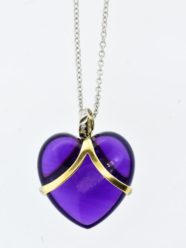 Grand collier en forme de cœur en améthyste fine et diamant blanc en or 18K Unisexe en vente