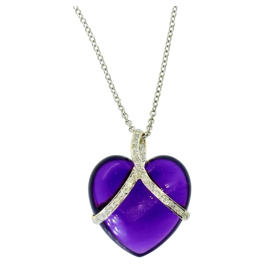 Grand collier en forme de cœur en améthyste fine et diamant blanc en or 18K