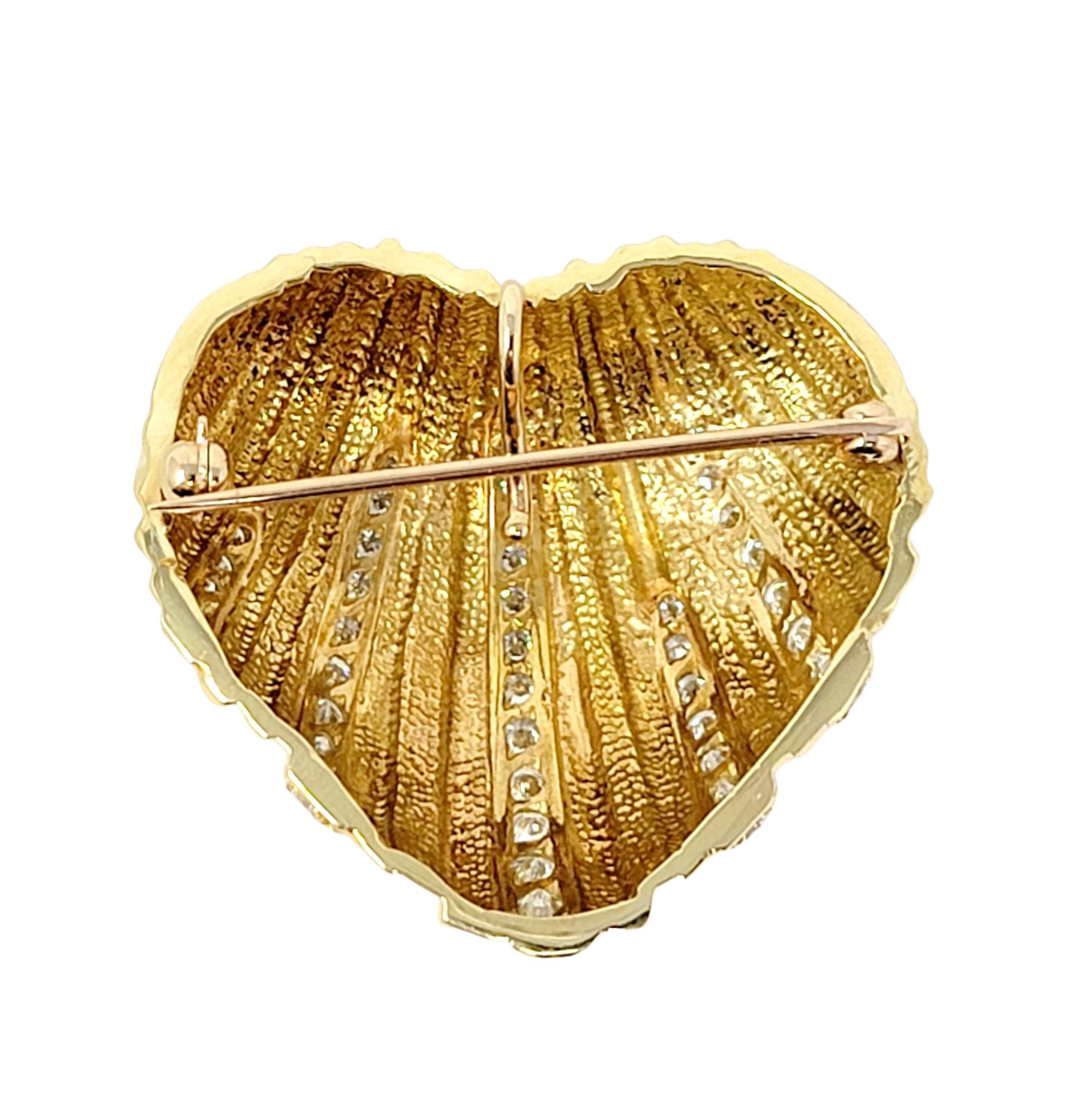 Women's Large Heart Shaped Graduated Diamond Puffed Pendant/Brooch 18 Karat Yellow Gold For Sale