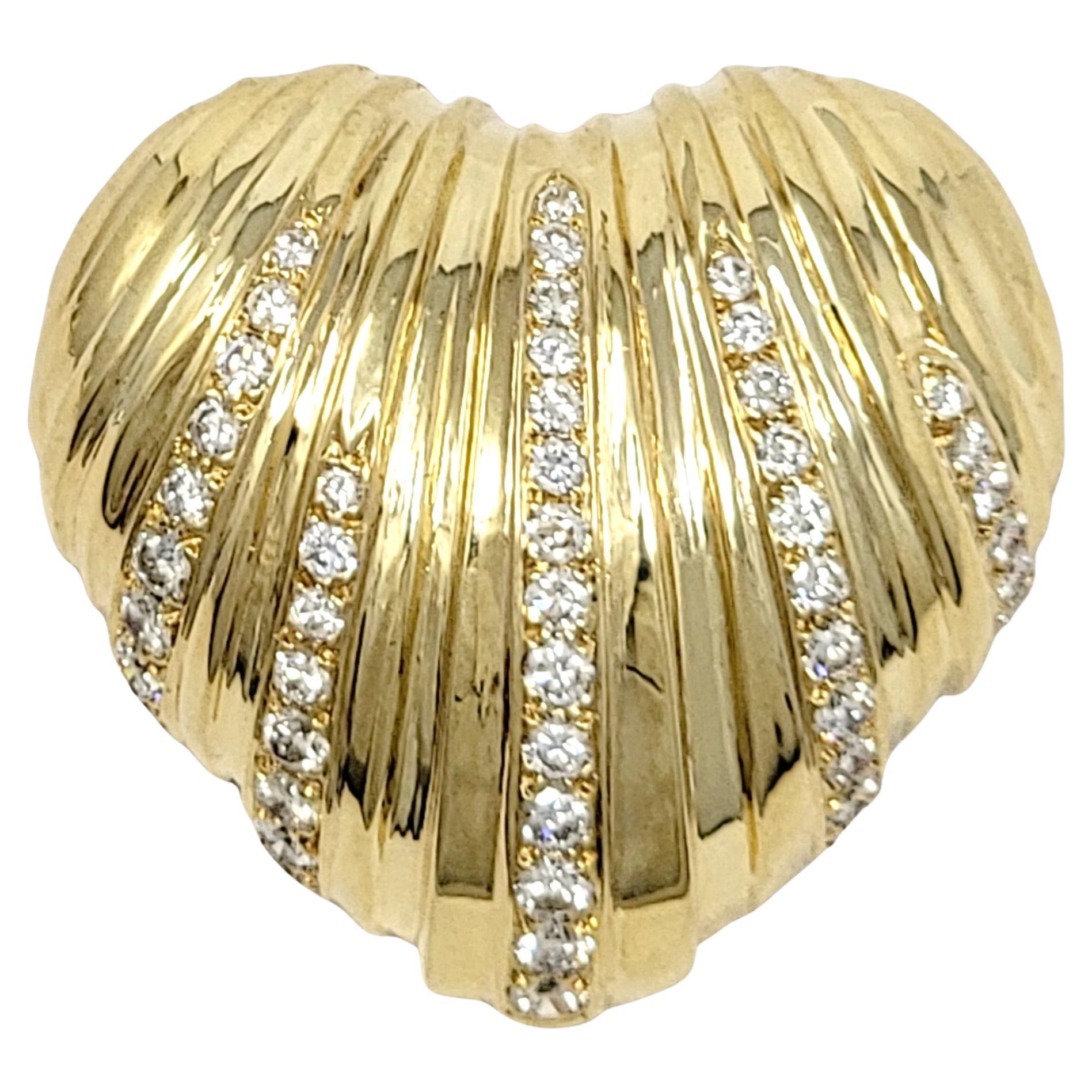Large Heart Shaped Graduated Diamond Puffed Pendant/Brooch 18 Karat Yellow Gold