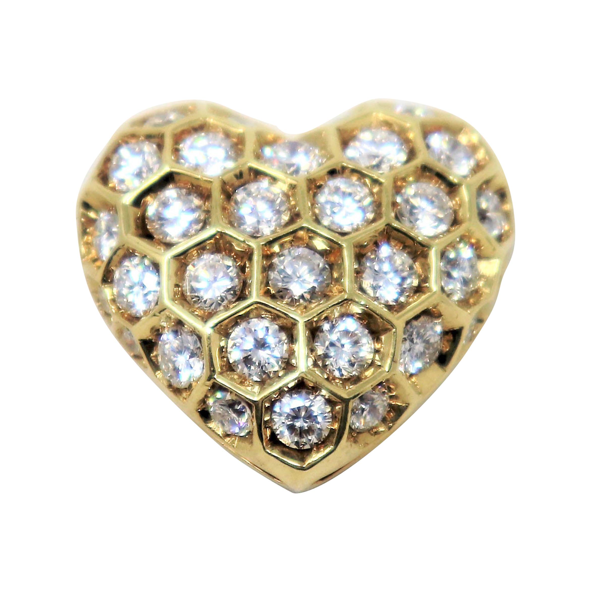Large Heart Shaped Honeycomb Round Diamond Dome Pendant in 18 Karat Yellow Gold