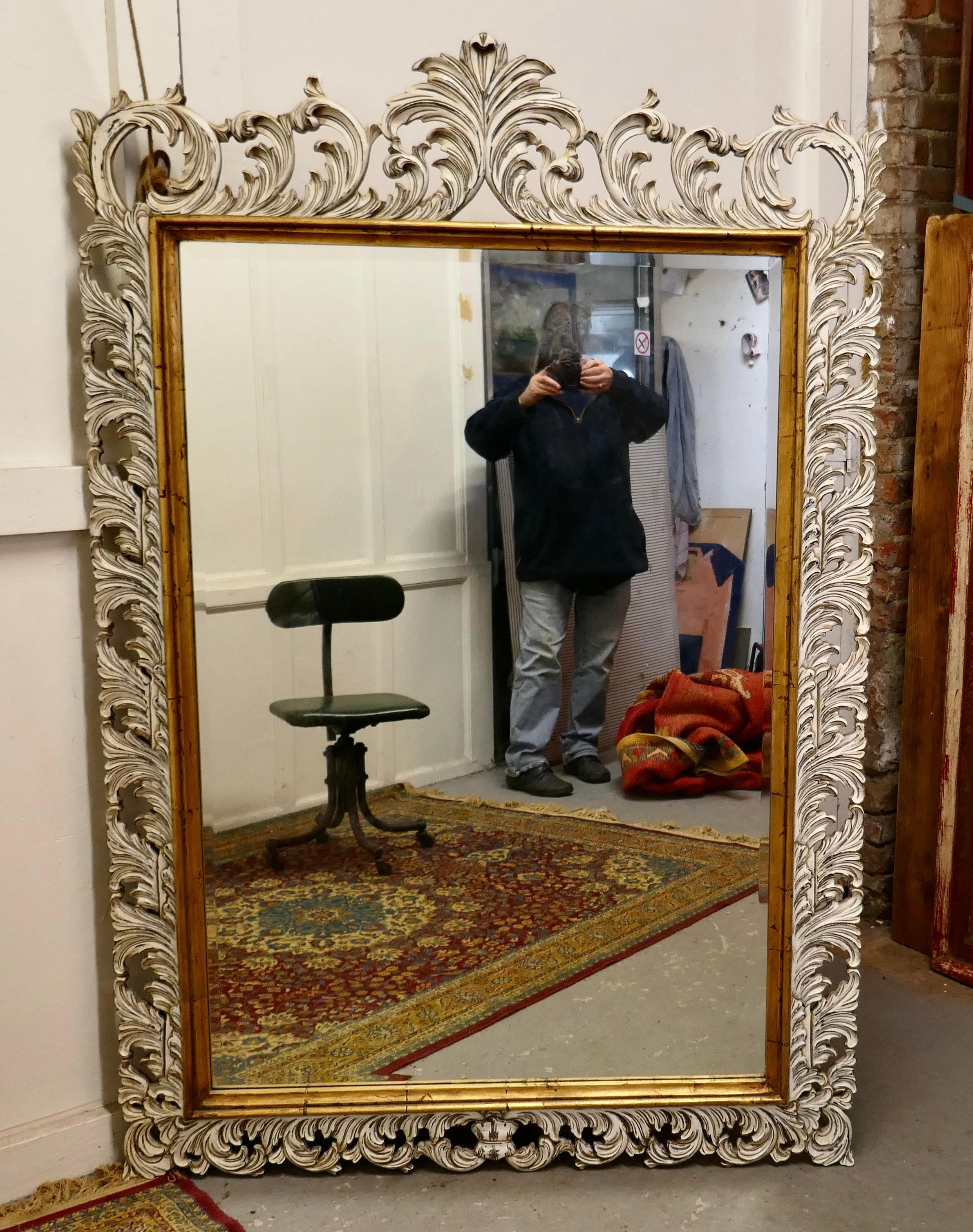 Large Heavily Carved Fruitwood Distressed Paint Mirror In Good Condition In Chillerton, Isle of Wight
