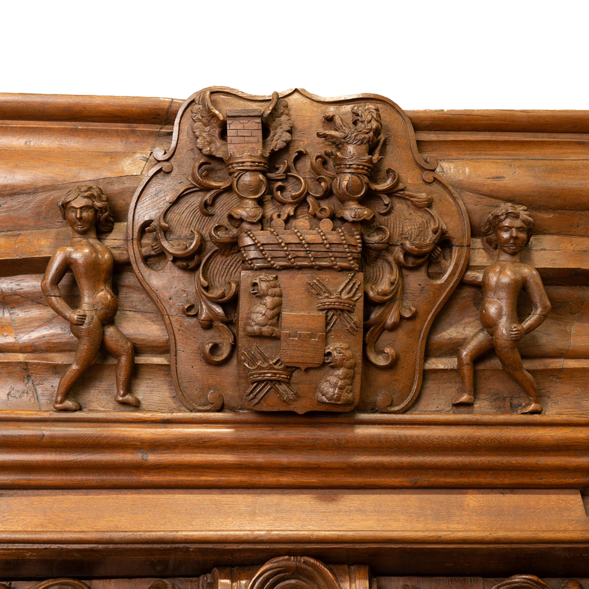 Large Heavily Carved Oak Armoire With Wrangel Family Crest, Sweden circa 1740-80 For Sale 6