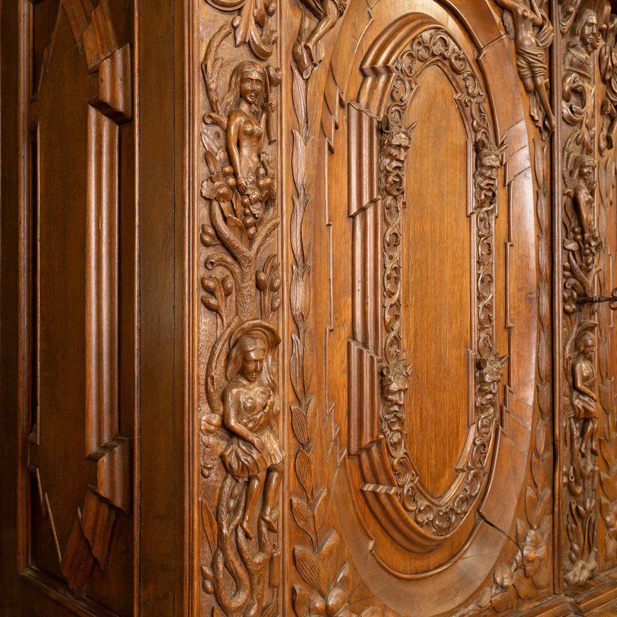 18th Century and Earlier Large Heavily Carved Oak Armoire With Wrangel Family Crest, Sweden circa 1740-80 For Sale