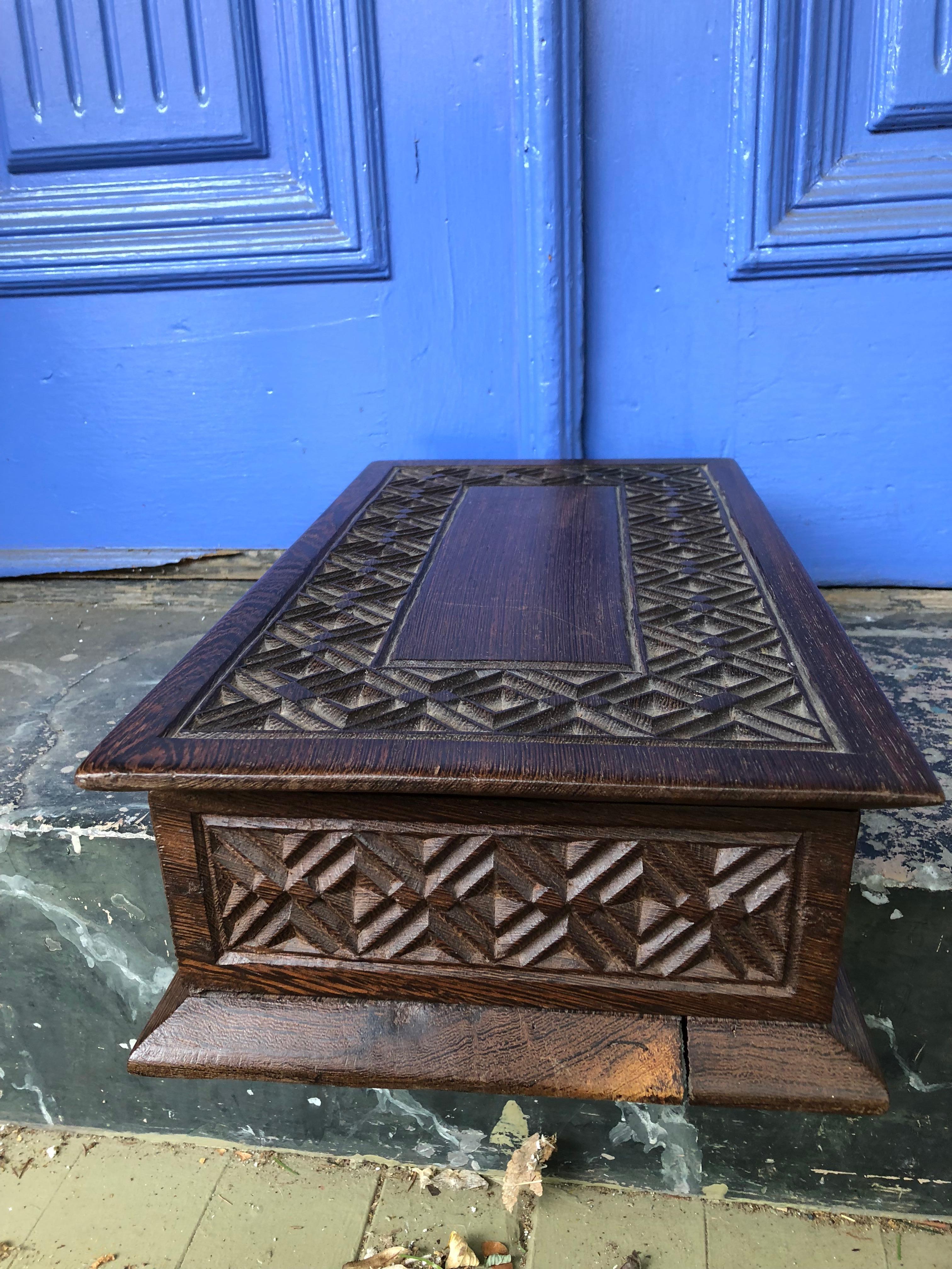 20th Century Large Heavily Carved Oak Coffee Table or Dresser Box, Gift for Men For Sale