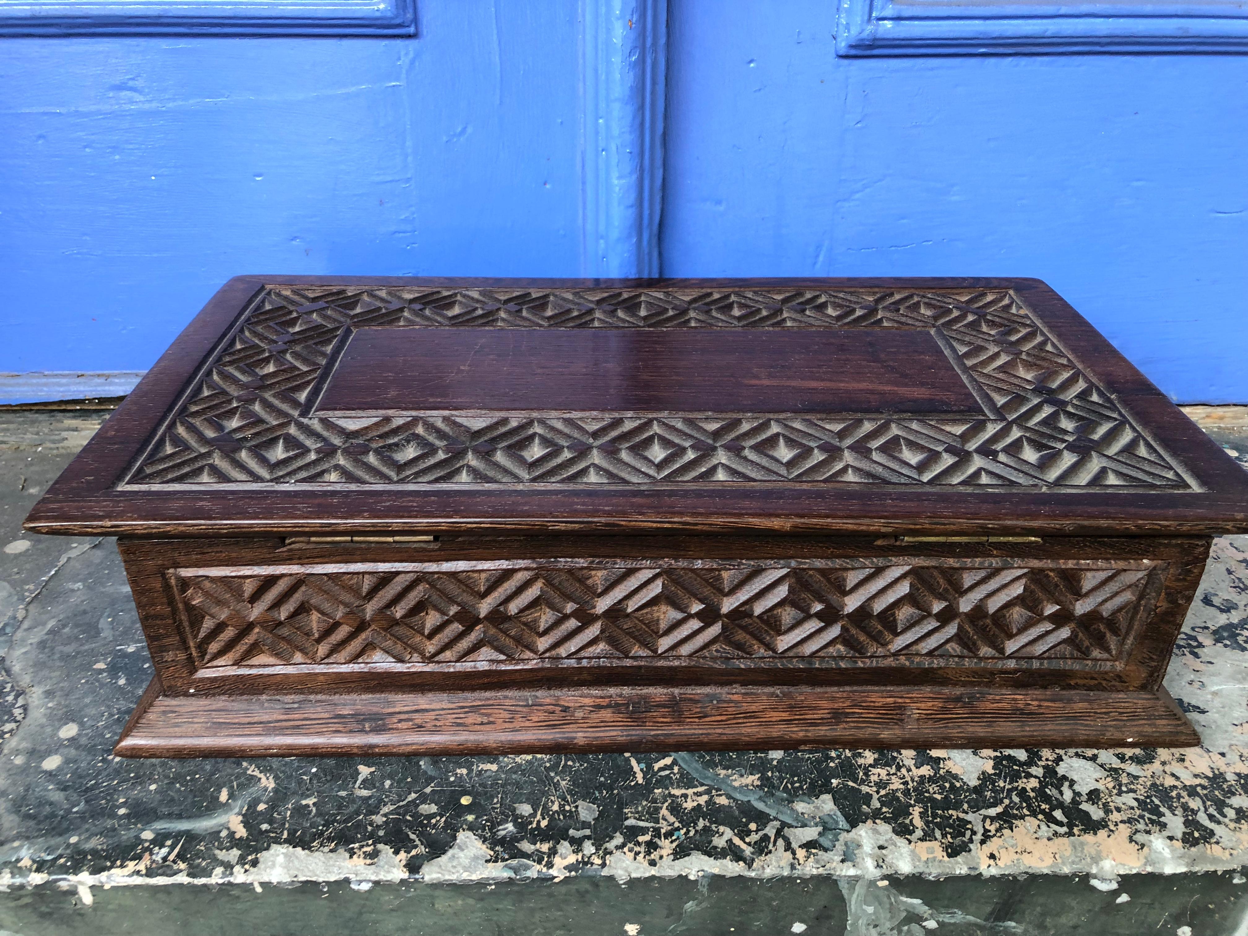 Wood Large Heavily Carved Oak Coffee Table or Dresser Box, Gift for Men For Sale