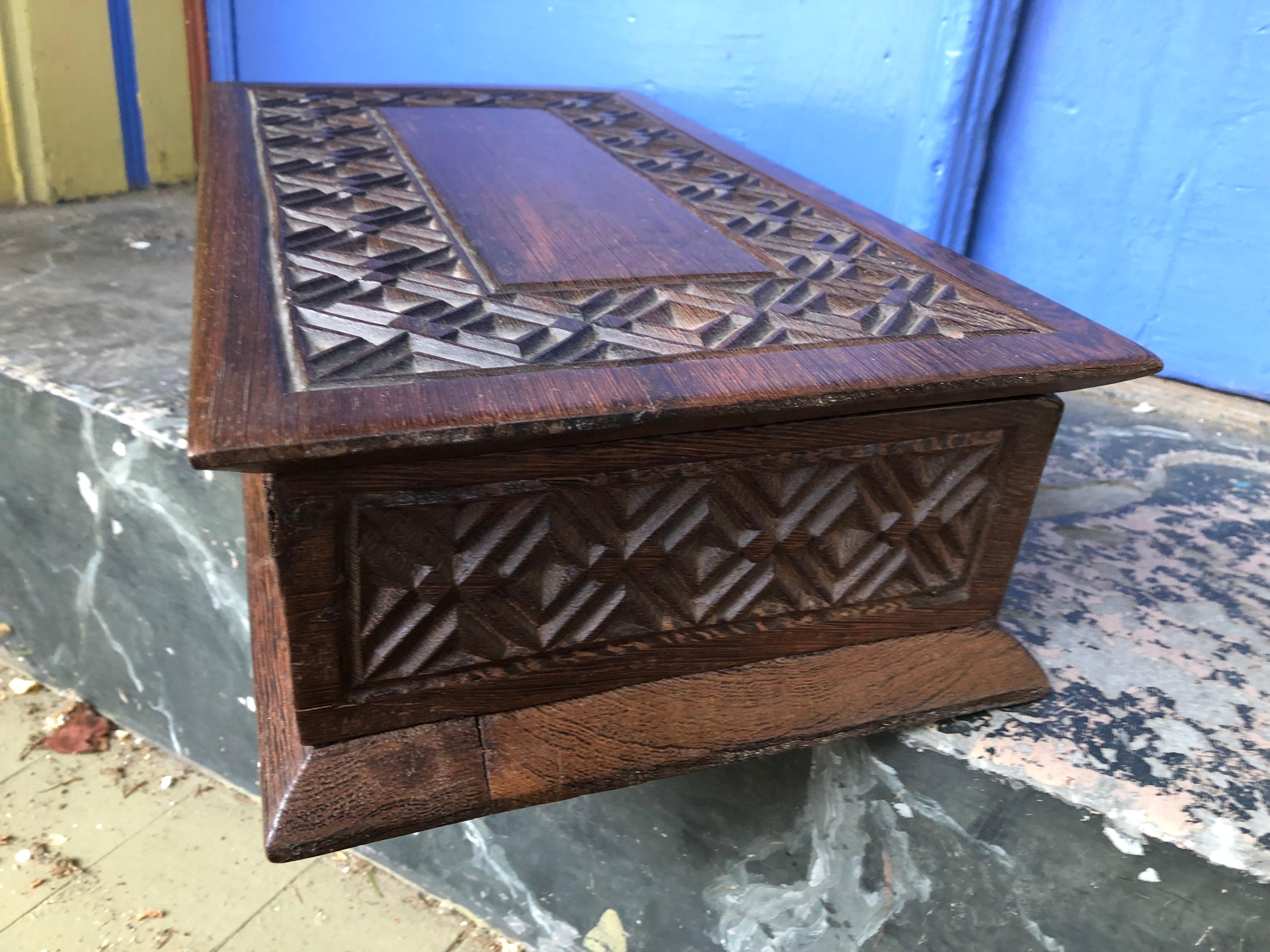 Large Heavily Carved Oak Coffee Table or Dresser Box, Gift for Men For Sale 2
