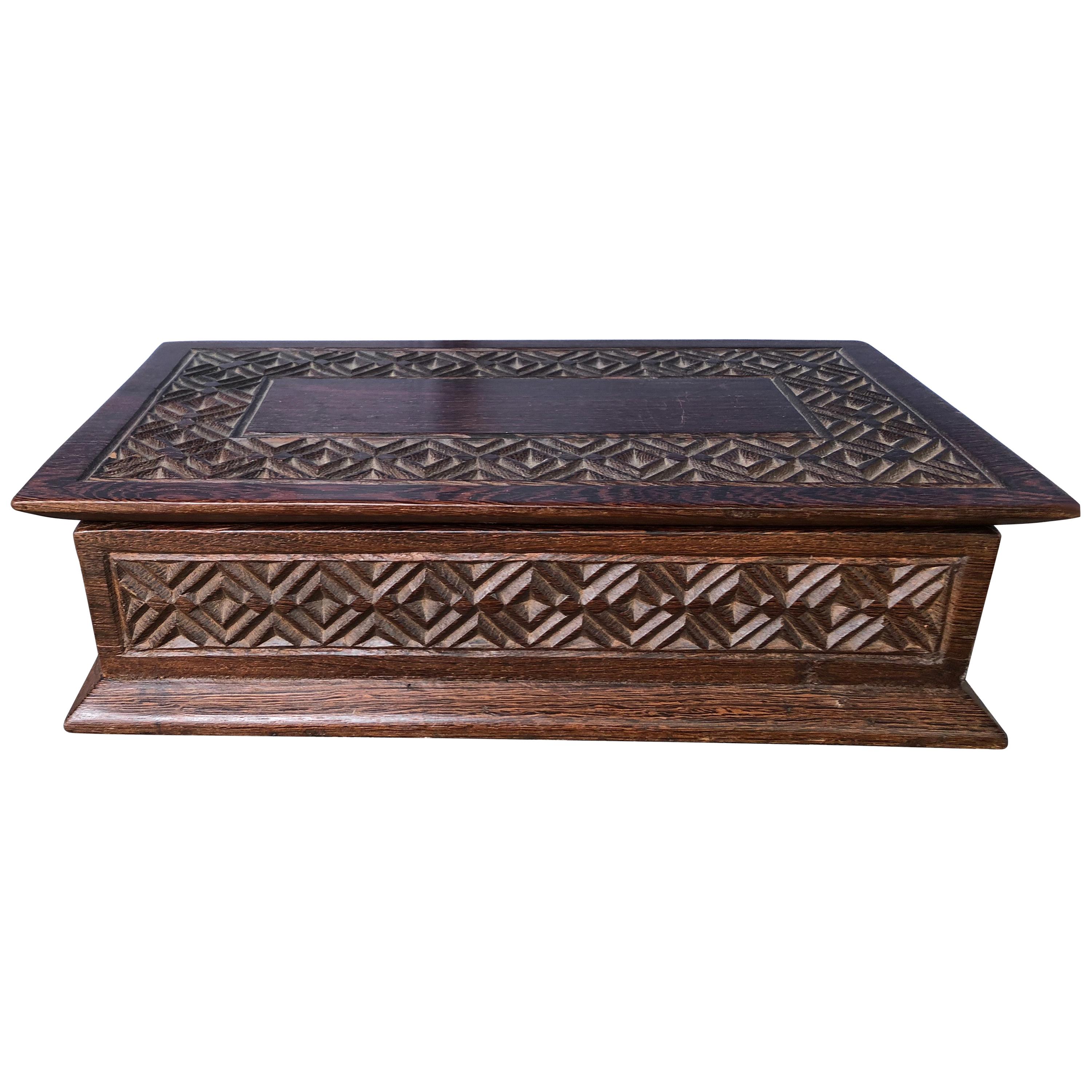 Large Heavily Carved Oak Coffee Table or Dresser Box, Gift for Men For Sale