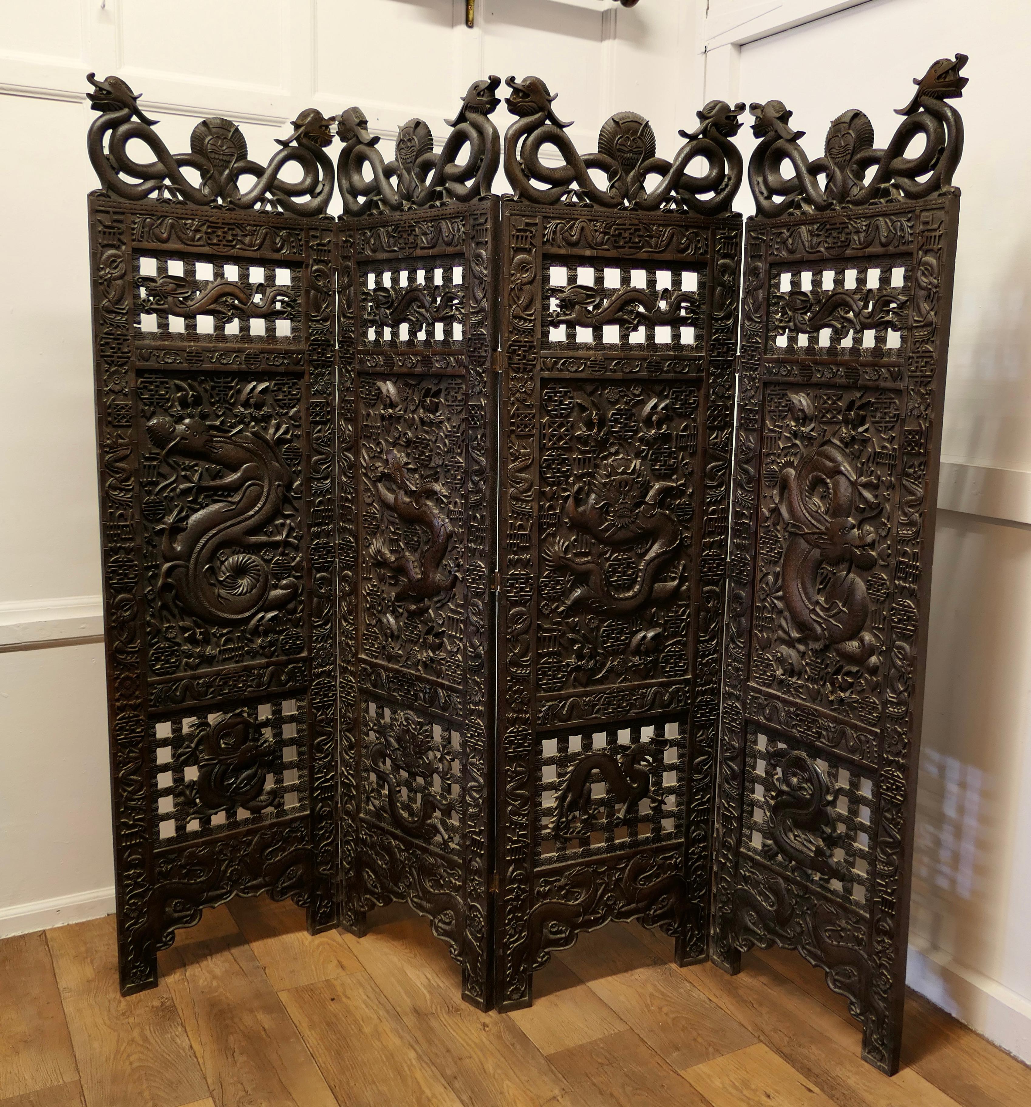 Large Heavy 19th Century Carved Chinoiserie 4 Fold Screen For Sale 7