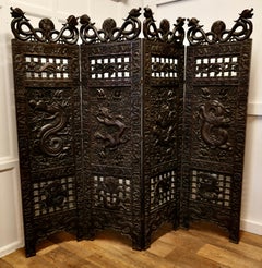 Large Heavy 19th Century Carved Chinoiserie 4 Fold Screen