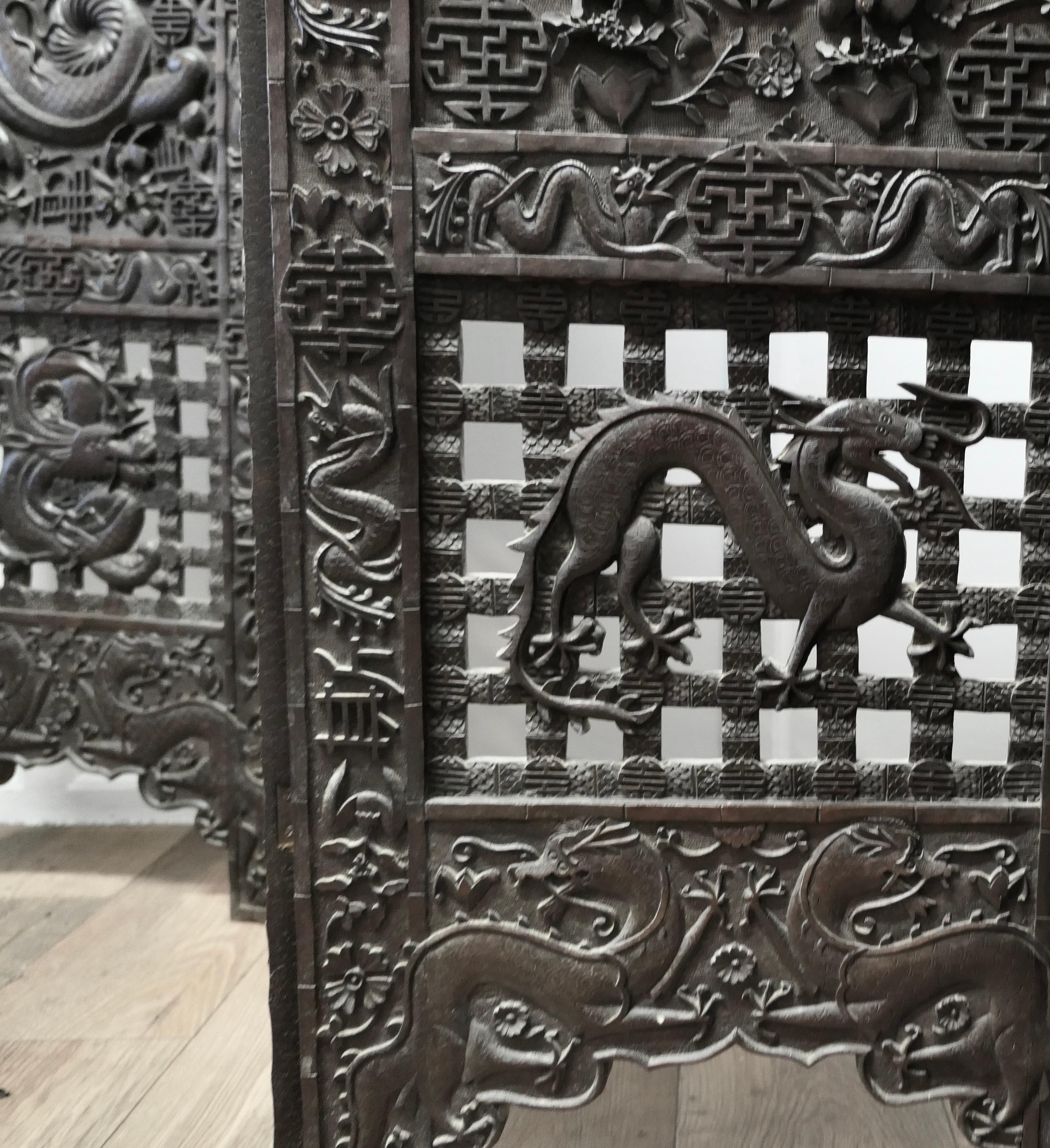 Teak Large Heavy 19th Century Carved Chinoiserie 4 Fold Screen For Sale