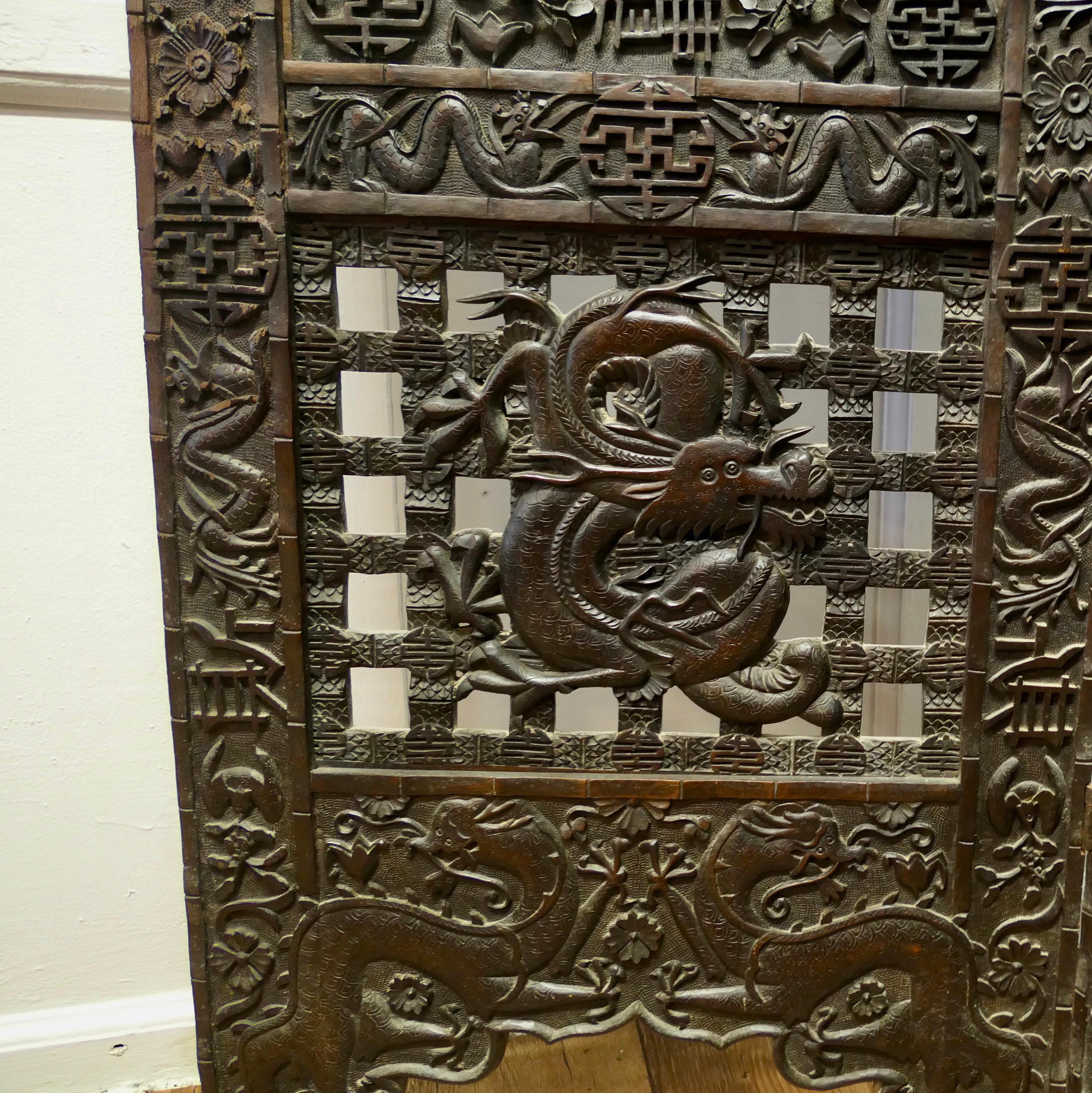 Large Heavy 19th Century Carved Chinoiserie 4 Fold Screen For Sale 5
