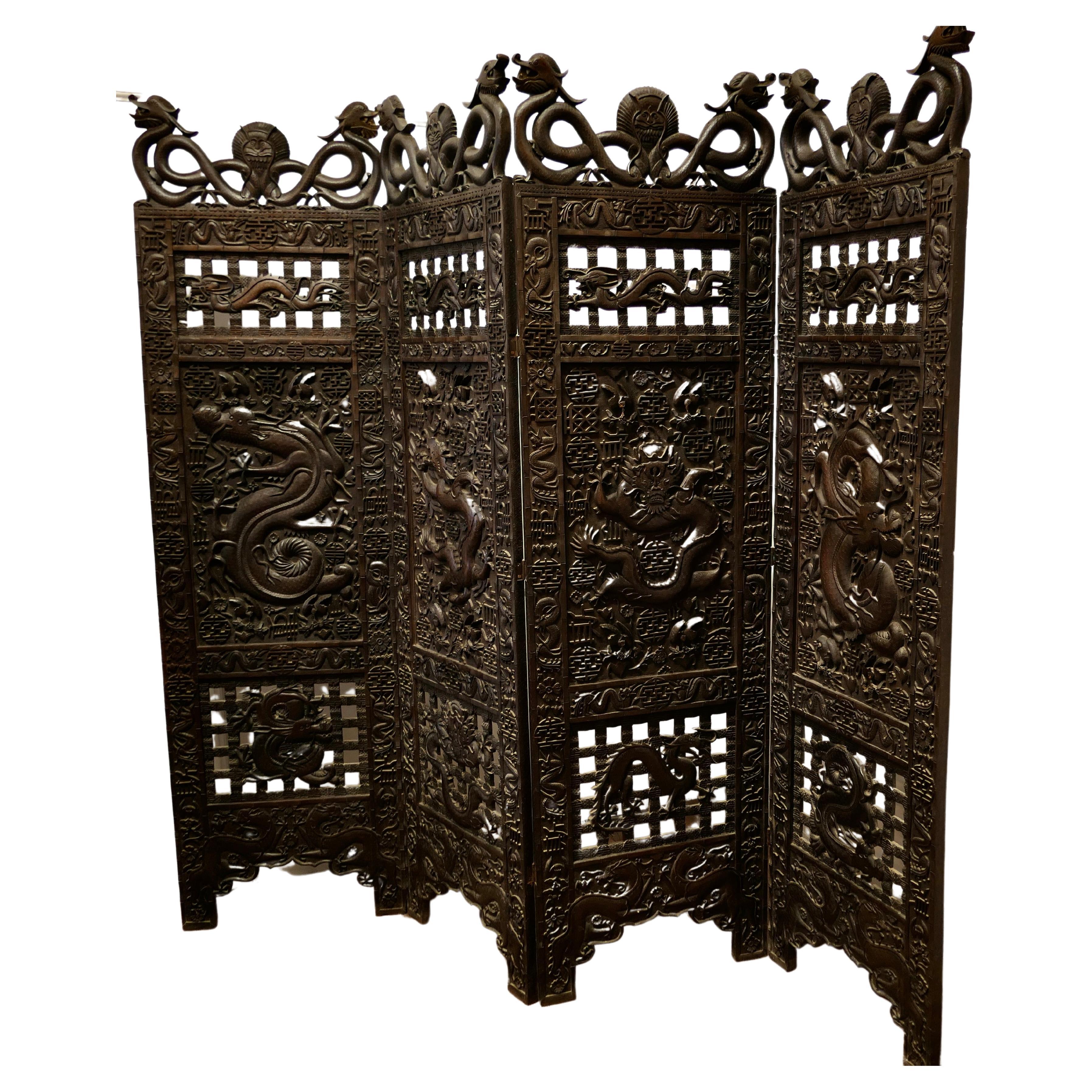 Large Heavy 19th Century Carved Chinoiserie 4 Fold Screen