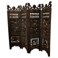 Antique Large Heavy 19th Century Carved Chinoiserie 4 Fold Screen