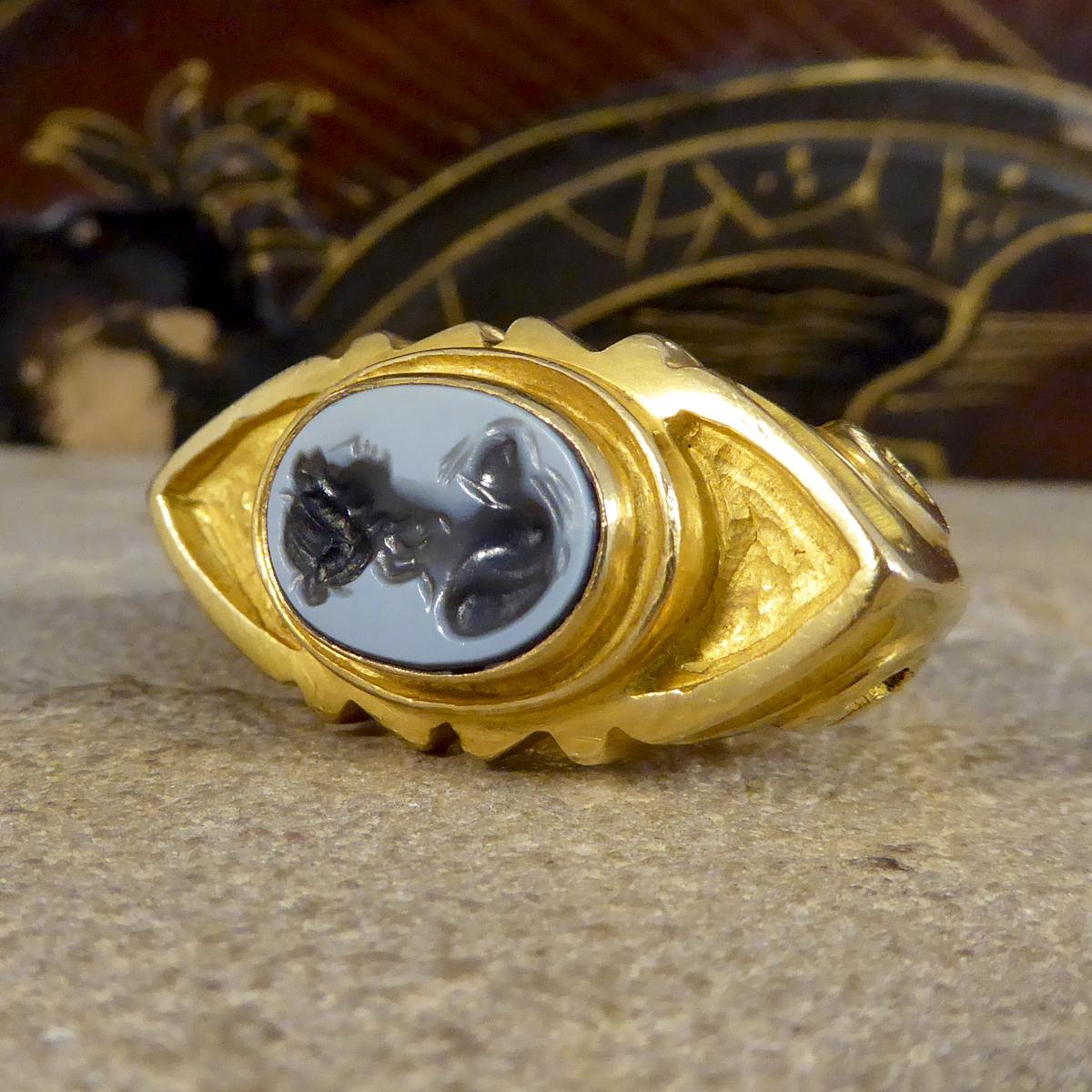 Women's or Men's Large Heavy Antique Victorian Carved Agate Ring in 18ct Yellow Gold